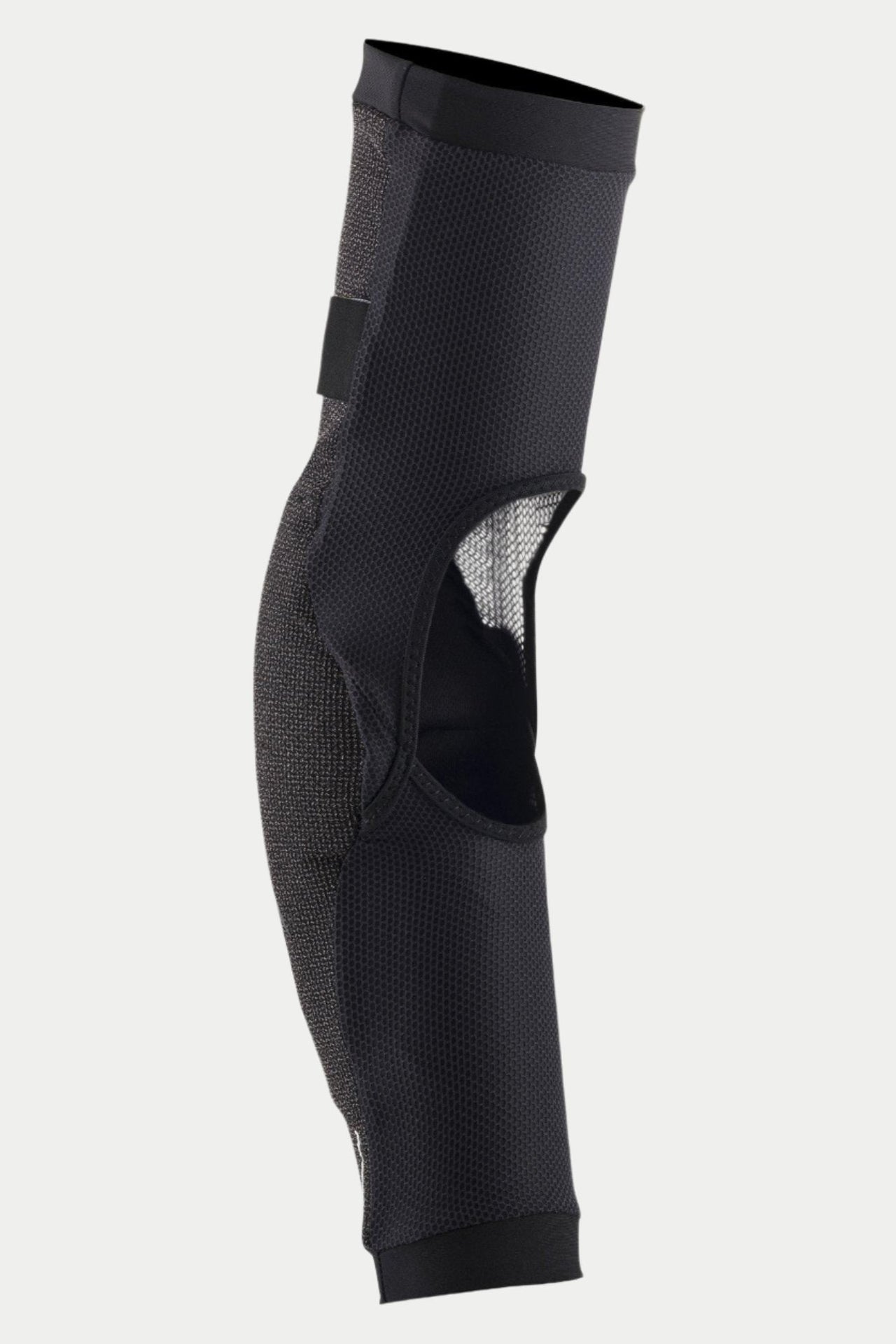 Alpinestars Paragon Pro Elbow Protector, Black, side view showing breathable stretch mesh construction and a large ventilation window at the back, ergonomic slip-on design with elasticated cuffs for mountain biking protection.