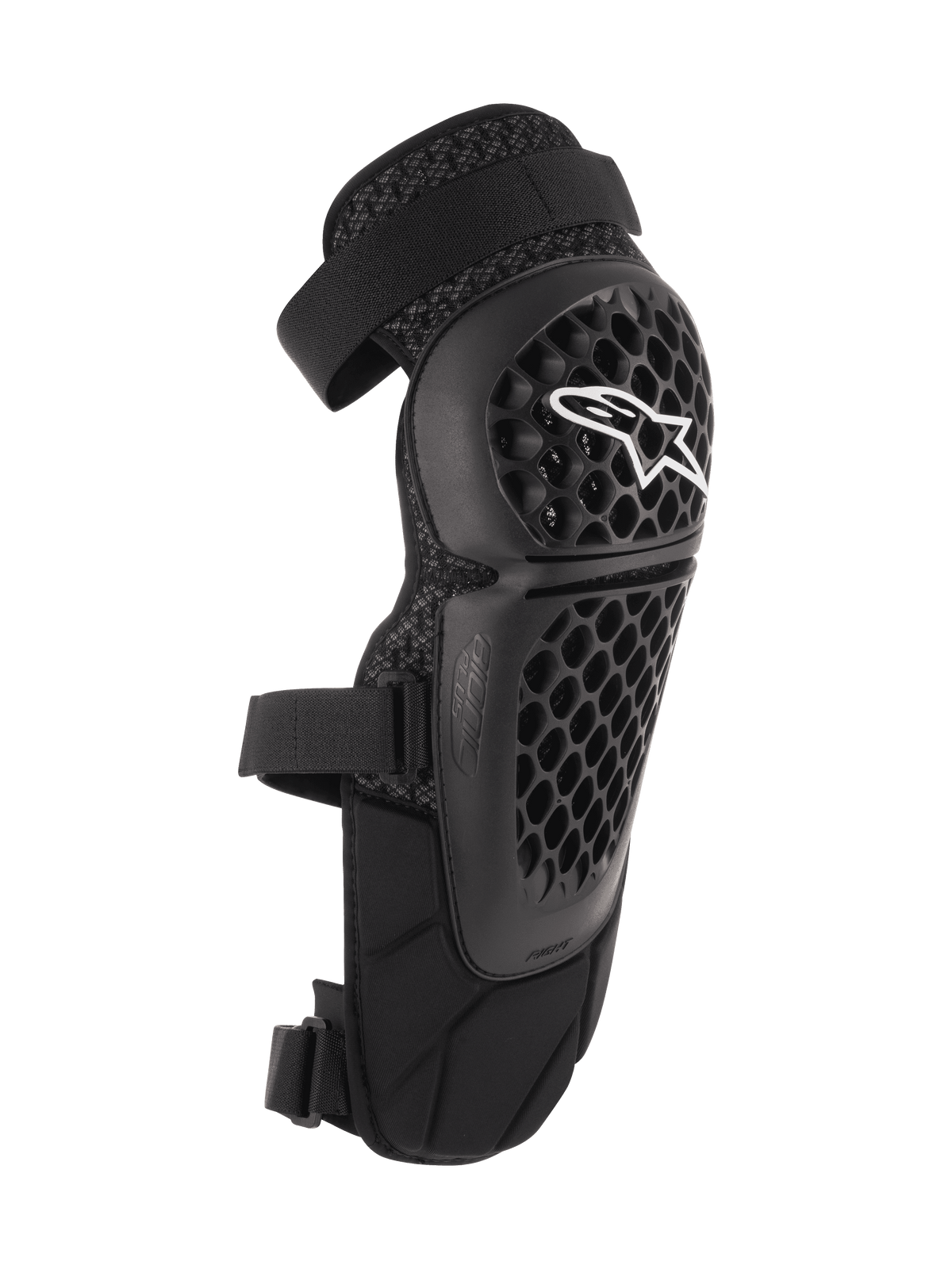 Alpinestars Bionic Plus Knee/Shin Protectors, Black, Off-road and MTB Protection, featuring a perforated honeycomb shell with a white Alpinestars logo, dual adjustable straps, and 3D mesh ventilation, ergonomic curved design