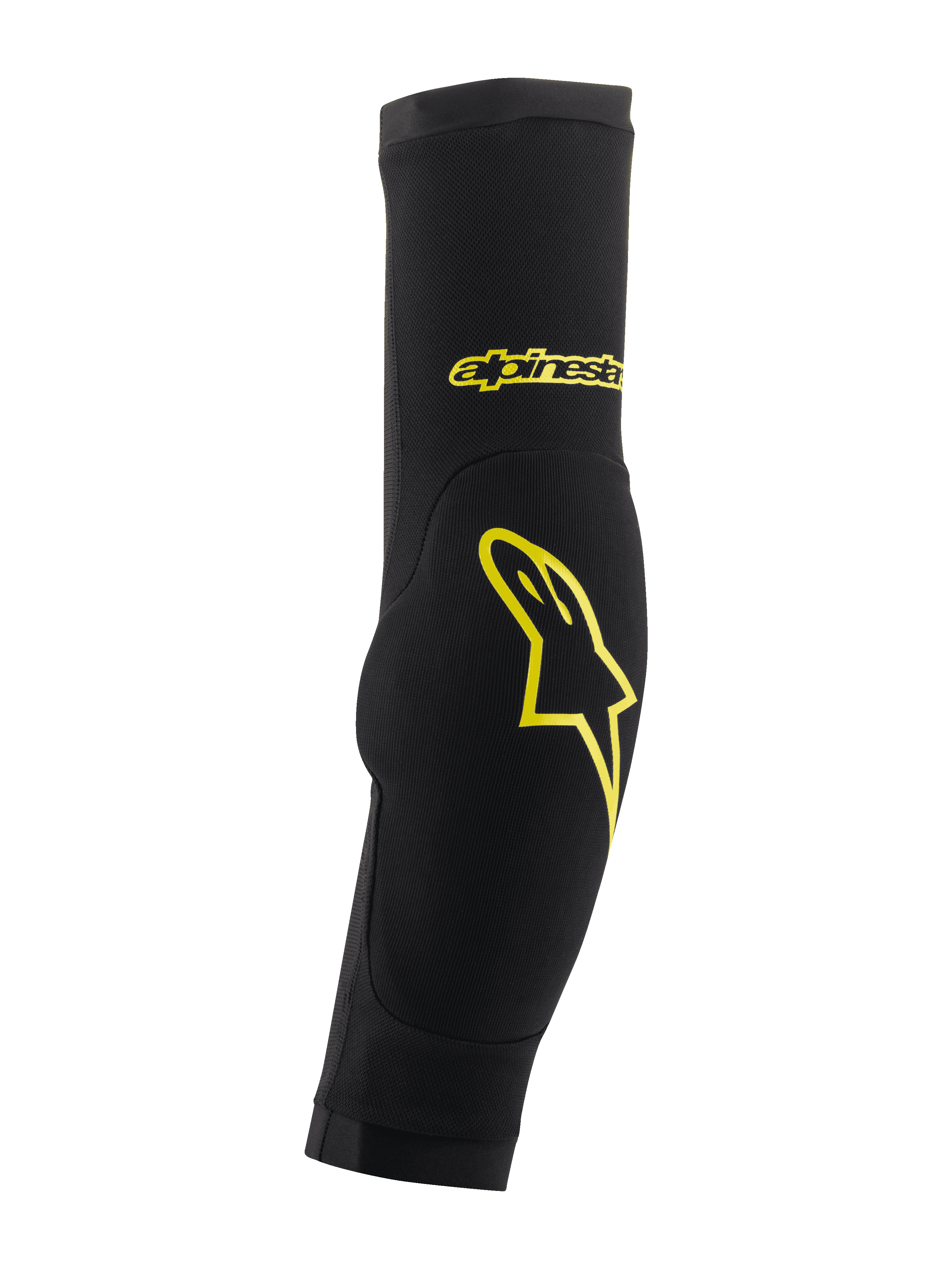 Alpinestars Paragon Plus Elbow Protectors, Black and Acid Yellow, slip-on sleeve design with integrated padding, featuring yellow star logo and script branding, breathable mesh for MTB protection