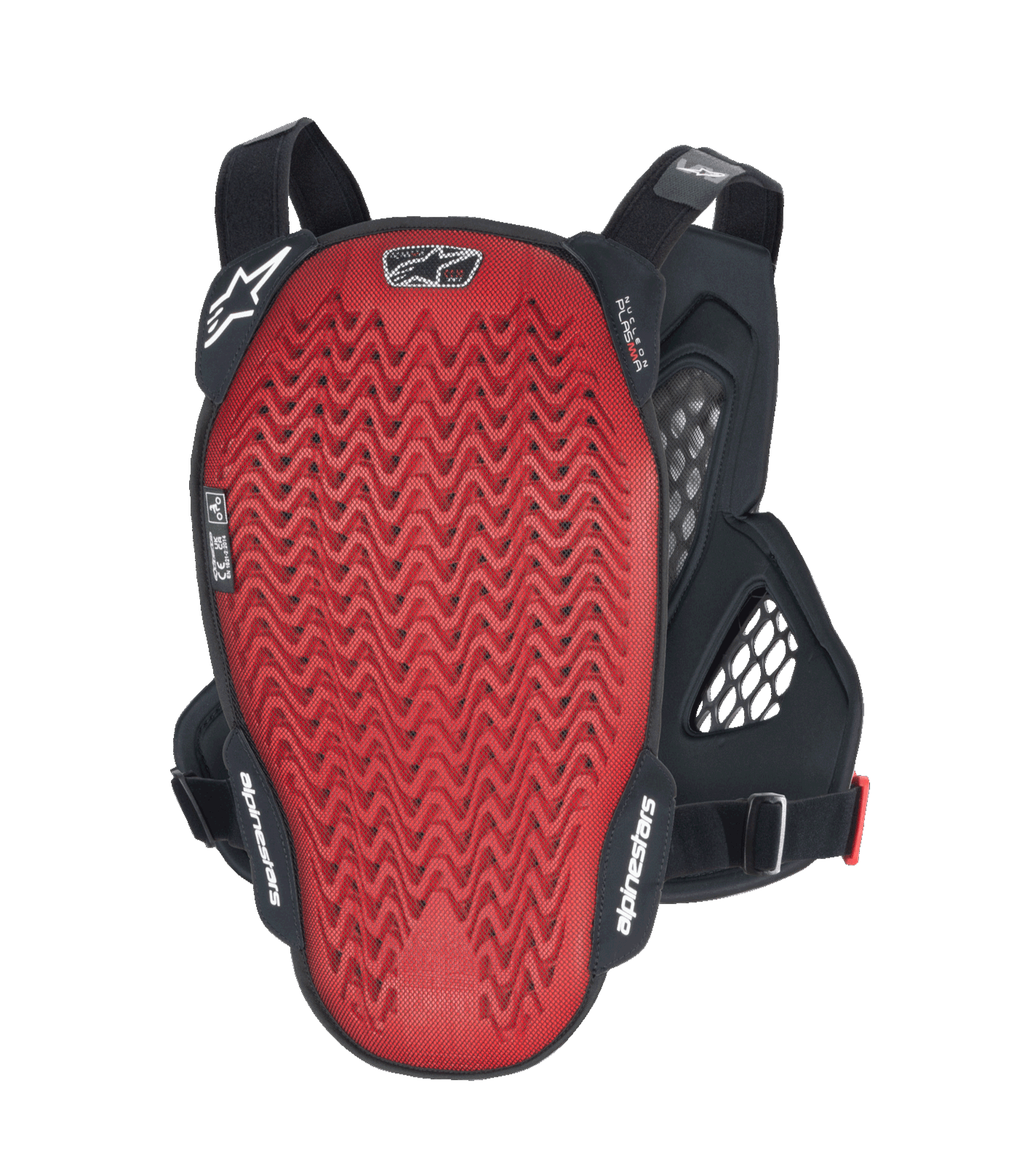 Alpinestars A-6 Plasma Brustschutz, Rückansicht, rote strukturierte Nucleon PLASMA Rückenplatte mit schwarzen Seitenflügeln und verstellbaren Riemen, MTB-Gravity-Schutzausrüstung in Schwarz Anthrazit Rot