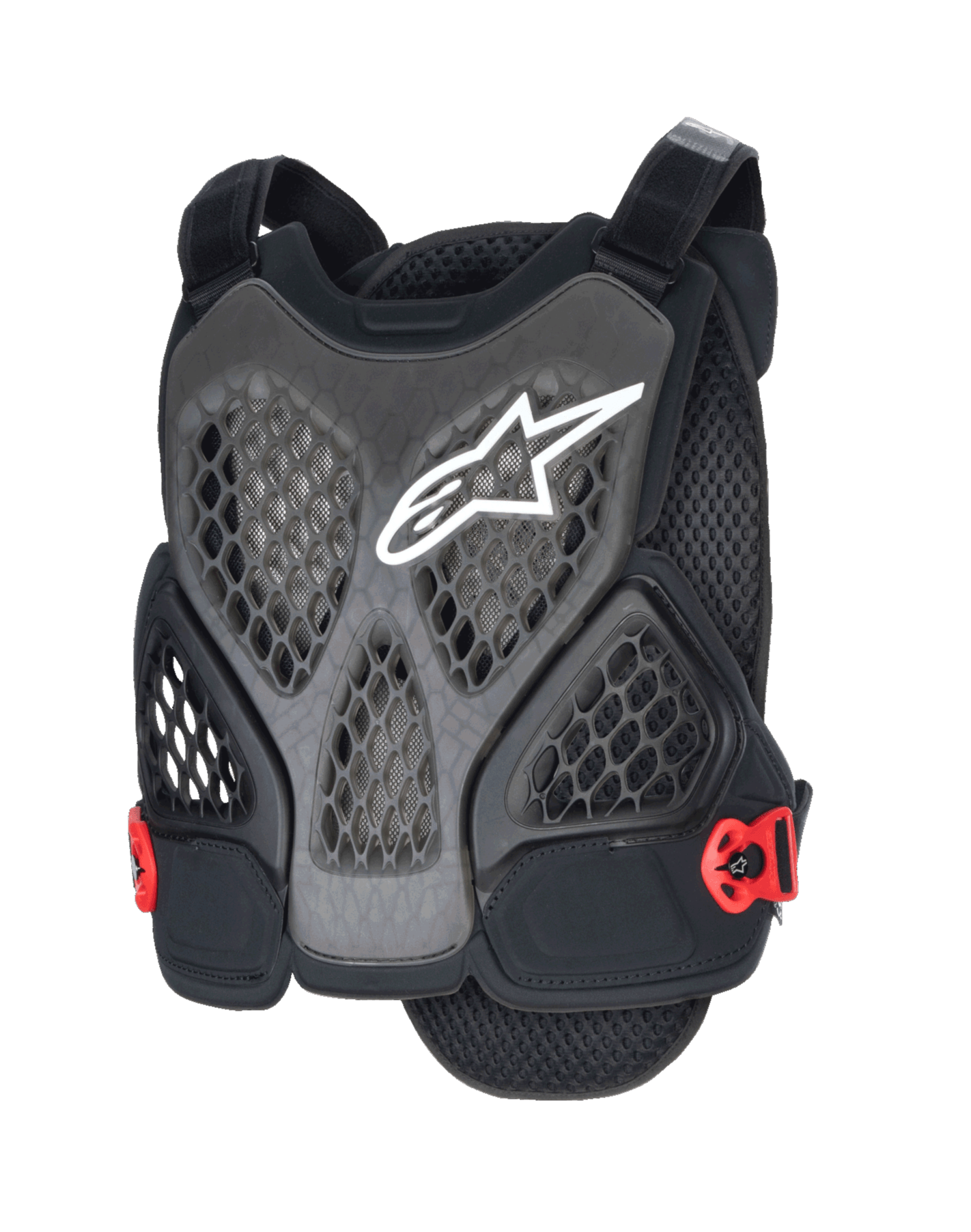 Alpinestars A-6 Plasma Brustpanzer, MTB-Brustschutz, Schwarz Anthrazit und Rot, mit weißem Stern-Logo, perforierten Waben-Mesh-Einsätzen zur Belüftung, roten Seitenschnallen und verstellbaren Schultergurten, entwickelt für Offroad- und Gravity-Mountainbike-Schutz.