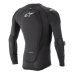 Alpinestars Paragon Lite Protection Jacket - Long Sleeve, Black, Rear view featuring integrated back protector with white Astar logo, breathable mesh construction with elbow and shoulder protection, lightweight MTB body armor.