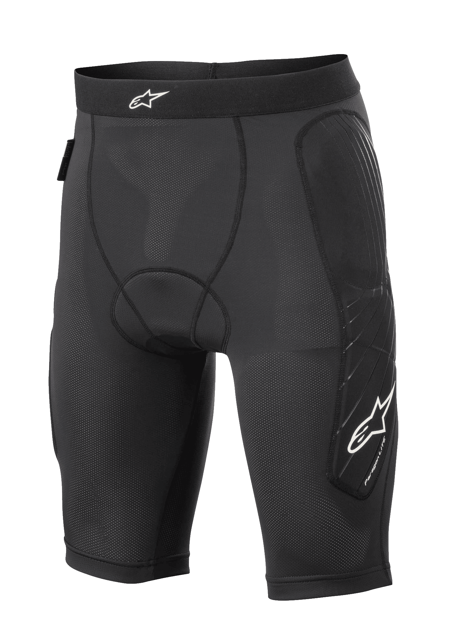 Alpinestars Paragon Lite Protection Shorts, MTB-Schutzshorts, Schwarz, leichte, atmungsaktive Mesh-Konstruktion mit perforiertem Gewebe, Polsterung an Hüfte und Beinseiten, weißes Stern-Logo am Bund und am Bein, Kompressionspassform für den Offroad-Radsport