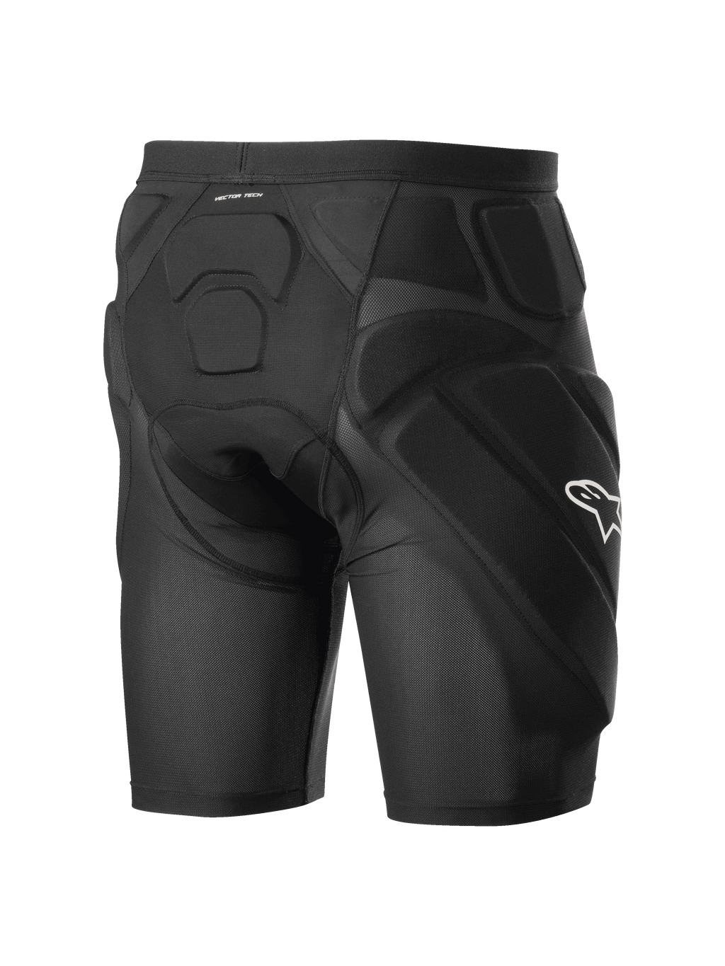 Alpinestars Vector Tech Shorts, schwarze Radsport-Protektorenshorts, integrierte EVA-Memory-Schaum-Polsterung an Hüften und Rücken, atmungsaktive Stretch-Mesh-Konstruktion, weißes Alpinestars-Logo an der Seite