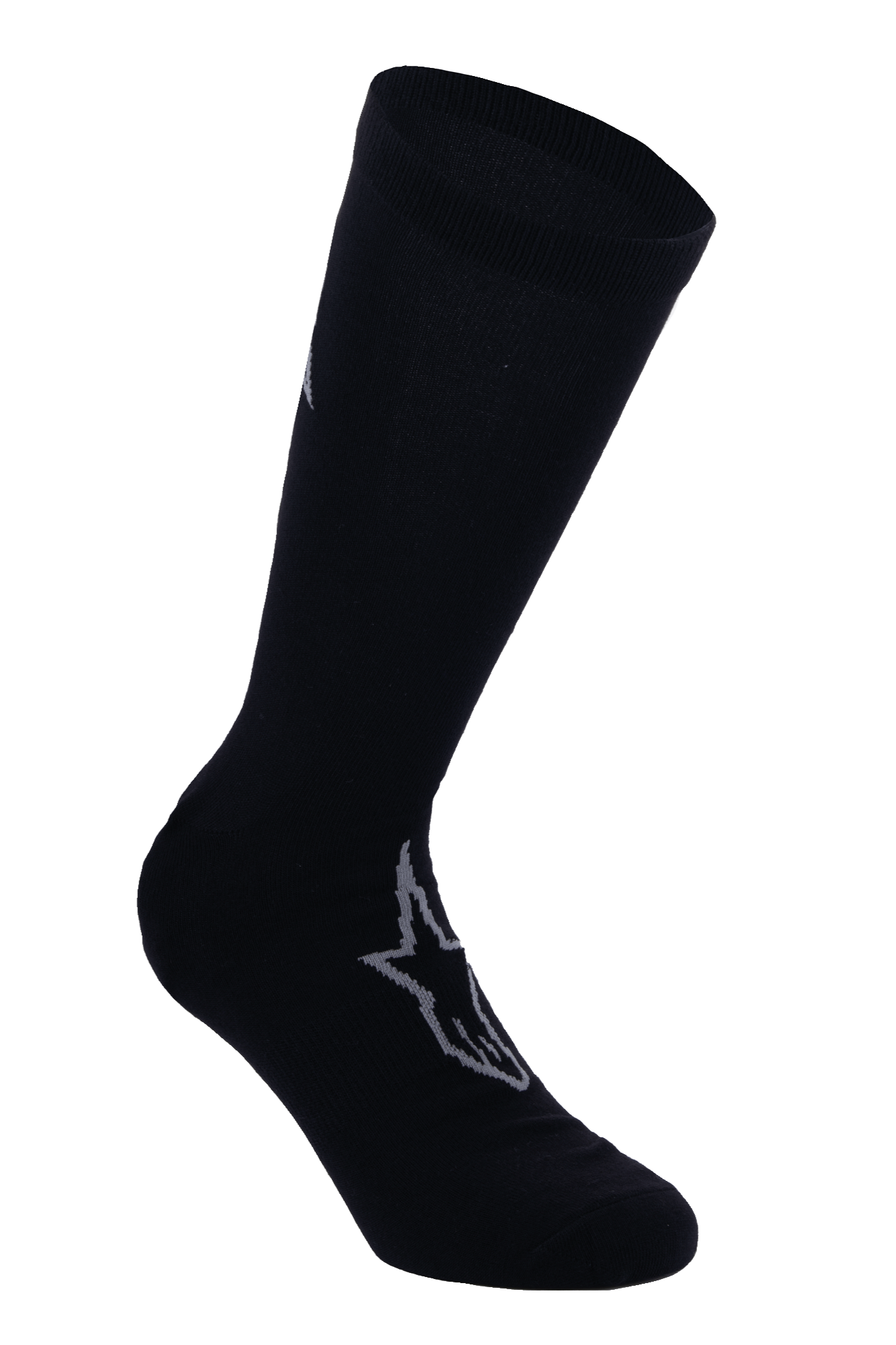 Alpinestars A-Dura Thermo-Socken, schwarze Radsocken mit grauem Astars-Logo, wadenlang mit geripptem Bund, glattes Thermo-Stretchmaterial für winterliches Mountainbiken