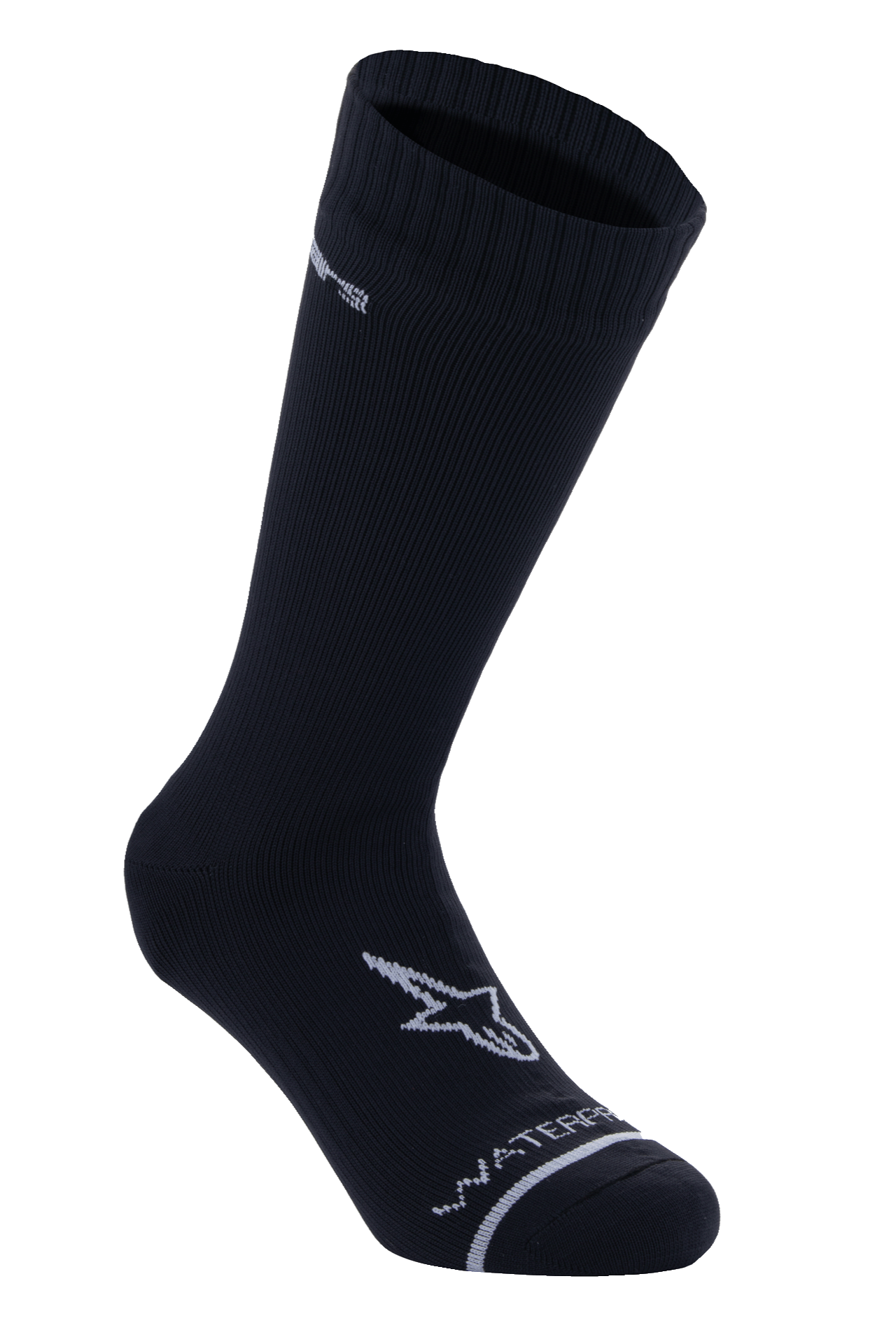 Alpinestars A-Dura Waterproof Socks, Wasserdichte Fahrradsocken, Schwarz, Wadenlang, Gerippte Struktur am Bündchen, Weißes A-Star Logo auf dem Fuß, „Waterproof“-Schriftzug an der Zehenpartie, Technische MTB-Basisschicht, Unisex