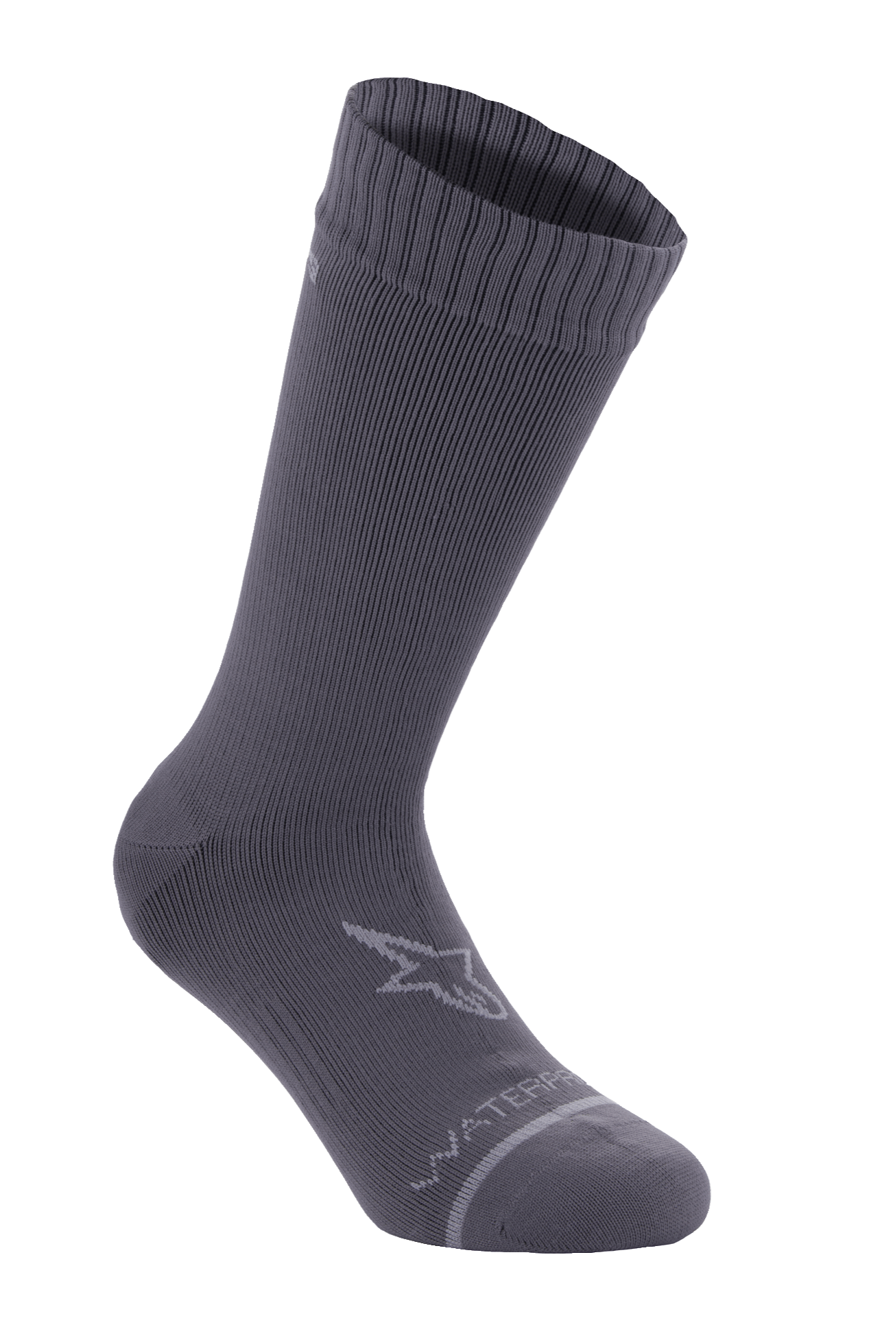 Alpinestars A-Dura Wasserdichte Socken, Dunkles Titangrau, wadenhohe Fahrradsocken mit gerippter Textur, hellgraues Alpinestars Stern-Logo am Knöchel, „WATERPROOF“-Schriftzug im Zehenbereich, Performance-Ausrüstung für Mountainbiking und Offroad-Fahrten