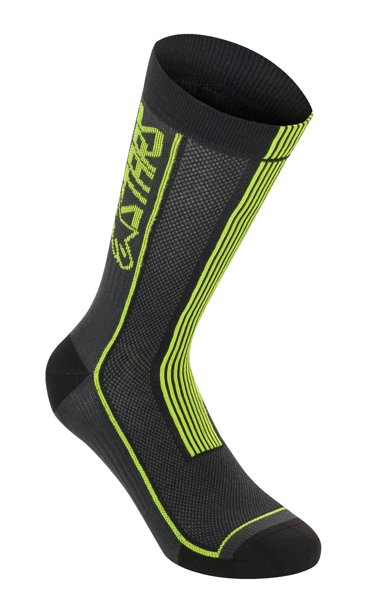 Alpinestars Summer Socks, Fahrradsocken, Schwarz und Acid Yellow, mit neongelben vertikalen Streifen und ASTARS-Branding, atmungsaktive Mesh-Konstruktion mit geripptem Bündchen, verstärkte Zehen und Ferse, leichte Performance-Ausrüstung für Mountainbiking.