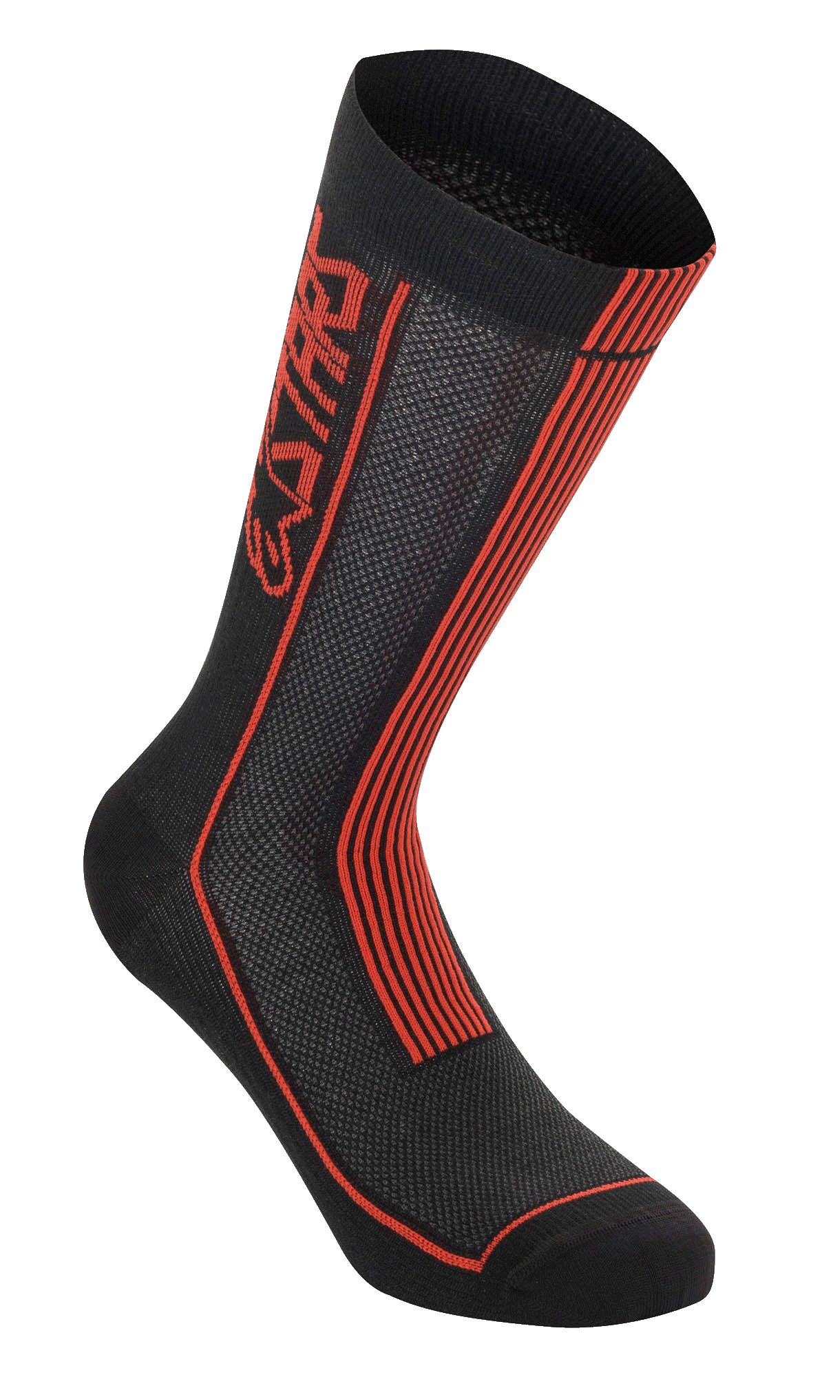 Alpinestars Summer Socks, Fahrradsocken, Schwarz und Hellrot, vertikales Astars-Logo und rote Streifen, gestrickte Mesh-Textur für Luftzirkulation, Rippenkonstruktion für Dehnbarkeit, Performance-Fußbekleidung für Fahrten bei heißem Wetter