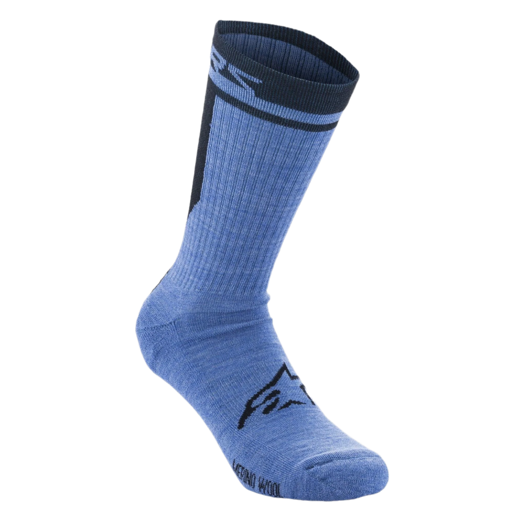 Alpinestars Merino Socken 24, Radsocken, Blau-Schwarz, technische Merinowollkonstruktion mit schwarzem Alpinestars-Logo auf dem Spann, wadenlang mit dunklem Rippbündchen und Branding.