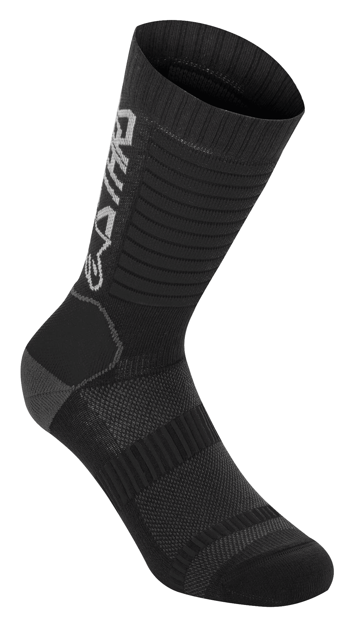 Alpinestars Paragon Lite Socks 19, Mountain Bike Socks, Black, technical mesh construction, vertical Alpinestars branding, ribbed texture for stretch, reinforced heel and toe, lightweight breathable fabric for off-road cycling