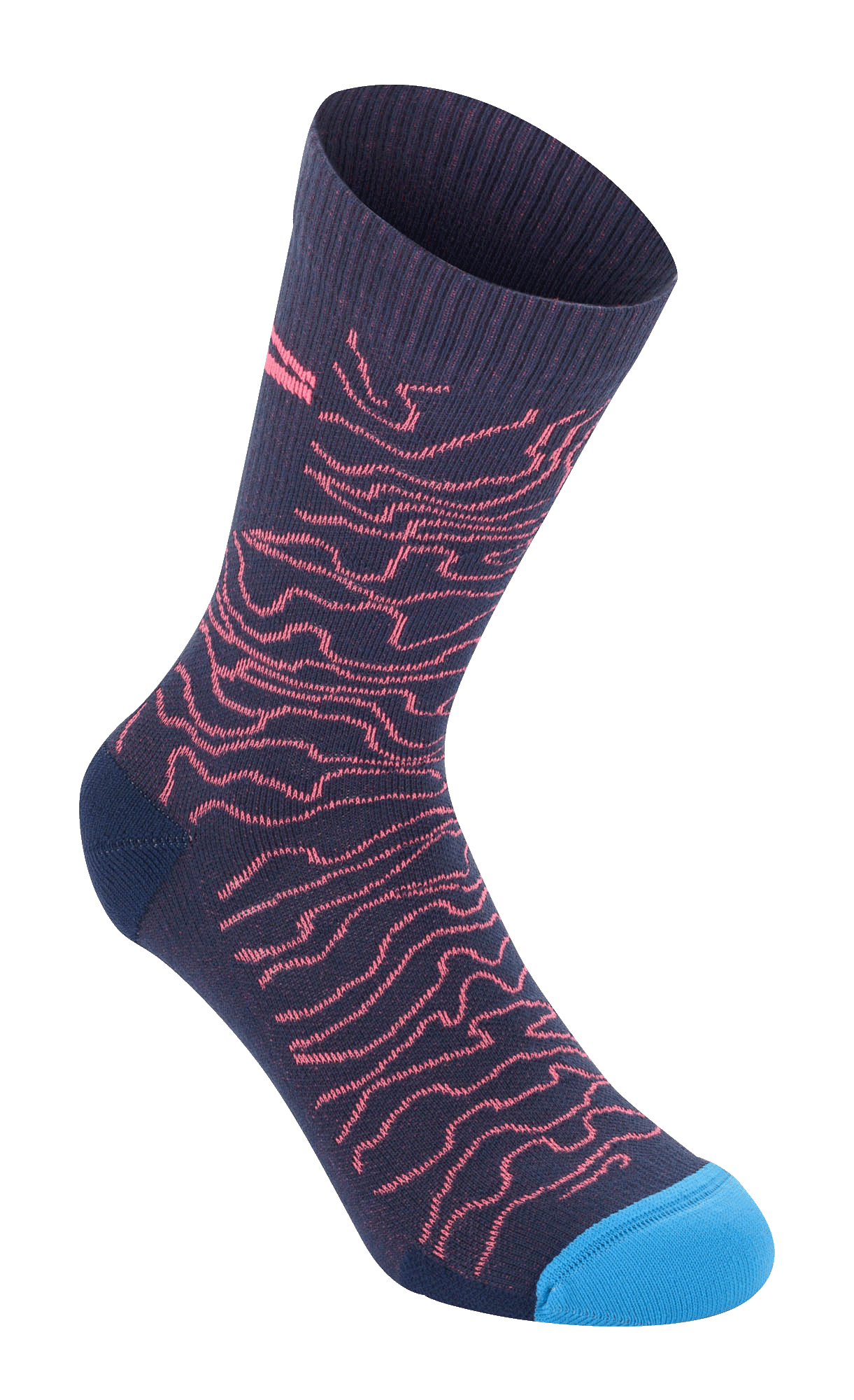 Alpinestars Drop Socks 15, Dark Navy with Coral wavy pattern and bright blue toe, ribbed texture at the top, mid-calf performance cycling socks