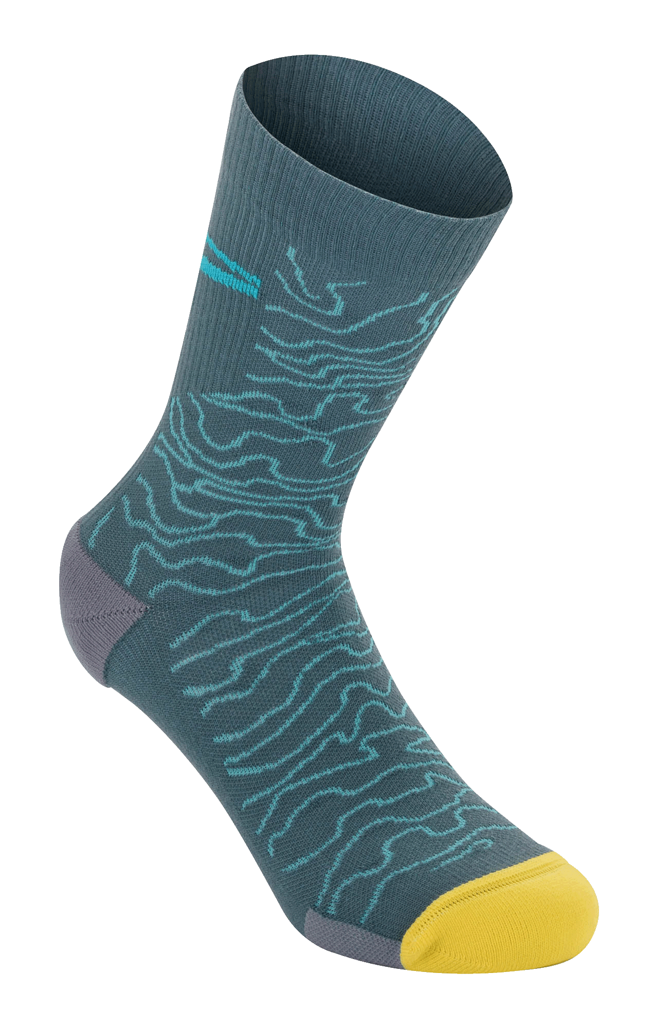 Alpinestars Drop Socks 15, Mountain Bike Socks, Atlantic Ceramic blue with light blue topographic pattern, bright yellow toe and gray heel, ribbed texture, lightweight performance MTB socks