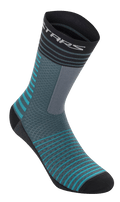 Alpinestars Drop Socks 19, Fahrradsocken, Atlantic Ceramic und Grau, horizontales Streifendesign in Türkis und Schwarz, atmungsaktive Mesh-Konstruktion, wadenlang, Performance-Ausrüstung für Mountainbiking