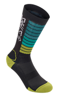 Alpinestars Drop Socks, Mountain Bike MTB Cycling Socks, Black with Teal and Lime Green Gradient Stripes, Yellow-Green Toe and Heel, featuring white Astars branding and breathable mesh texture