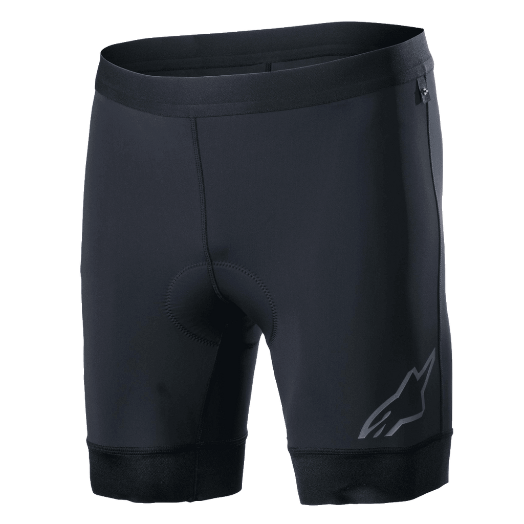 Alpinestars Alps Inner Shorts, schwarze Rad-Innenhose mit integriertem gepolstertem Sitzbereich, elastischer Bund, reflektierendes Astars-Logo am unteren linken Bein, dehnbares Synthetikgewebe für Performance und feuchtigkeitsableitenden Komfort