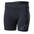 Alpinestars Stella Drop Innenhose für Damen, schwarzer Radsport-Baselayer, körpernahe Kompressionsshorts mit Crossover-Bund, graues Alpinestars-Logo am Bein, feuchtigkeitsableitendes Stretchgewebe für MTB und Enduro