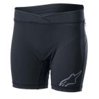 Alpinestars Stella Drop Innenhose für Damen, schwarzer Radsport-Baselayer, körpernahe Kompressionsshorts mit Crossover-Bund, graues Alpinestars-Logo am Bein, feuchtigkeitsableitendes Stretchgewebe für MTB und Enduro