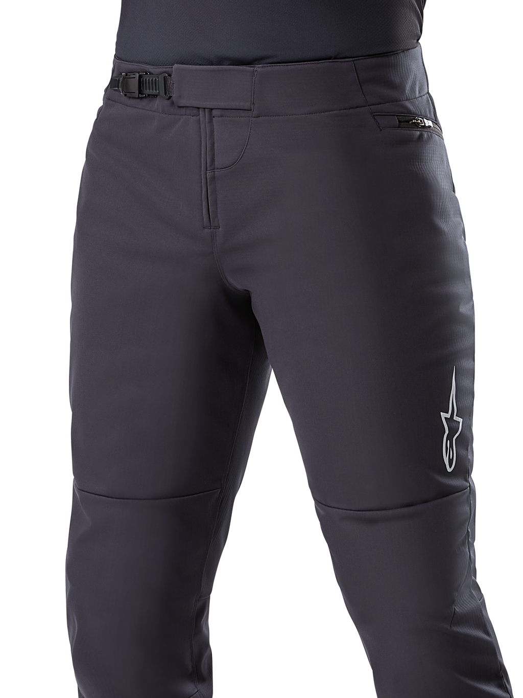 Alpinestars A-Dura Thermo-Hose, schwarze MTB-Hose mit sicherem Ratschenverschluss am Bund und Reißverschlusstasche an der Hüfte, weißes Stern-Logo an der Seite, vorgeformte Passform für Fahrkomfort, strapazierfähiges Thermo-Material für Radsport bei kaltem Wetter