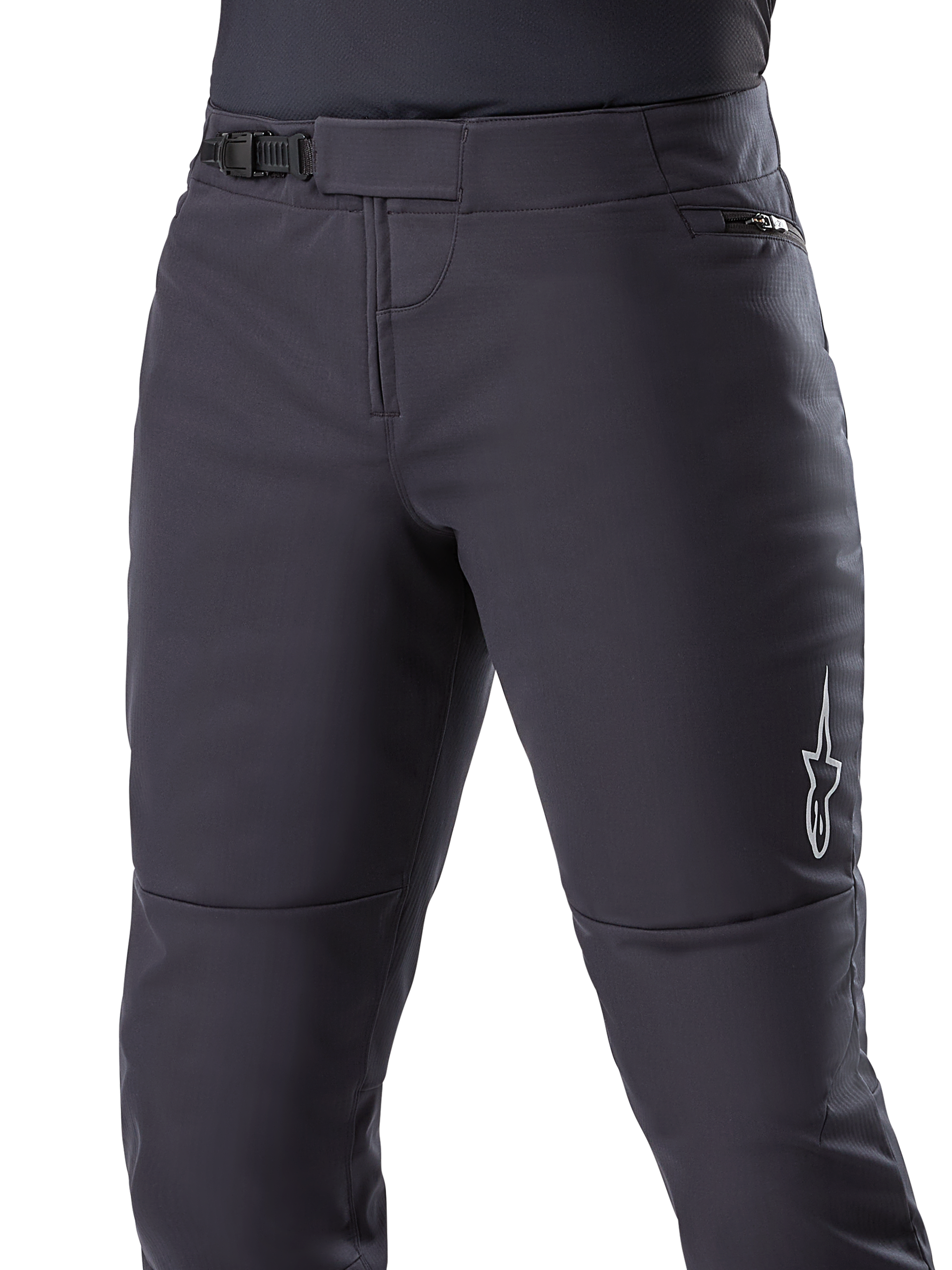 Alpinestars A-Dura Thermo-Hose, schwarze MTB-Hose mit sicherem Ratschenverschluss am Bund und Reißverschlusstasche an der Hüfte, weißes Stern-Logo an der Seite, vorgeformte Passform für Fahrkomfort, strapazierfähiges Thermo-Material für Radsport bei kaltem Wetter