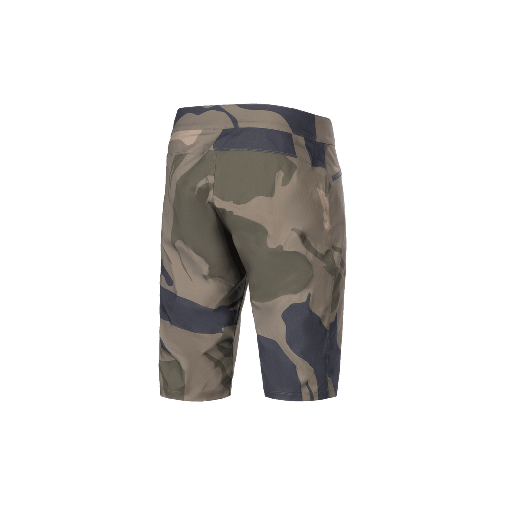 Alpinestars A-Dura Camo Liner Shorts, Men's MTB Cycling Shorts, Camo and Brown, rear view showing durable 2-way stretch fabric and zippered pocket details