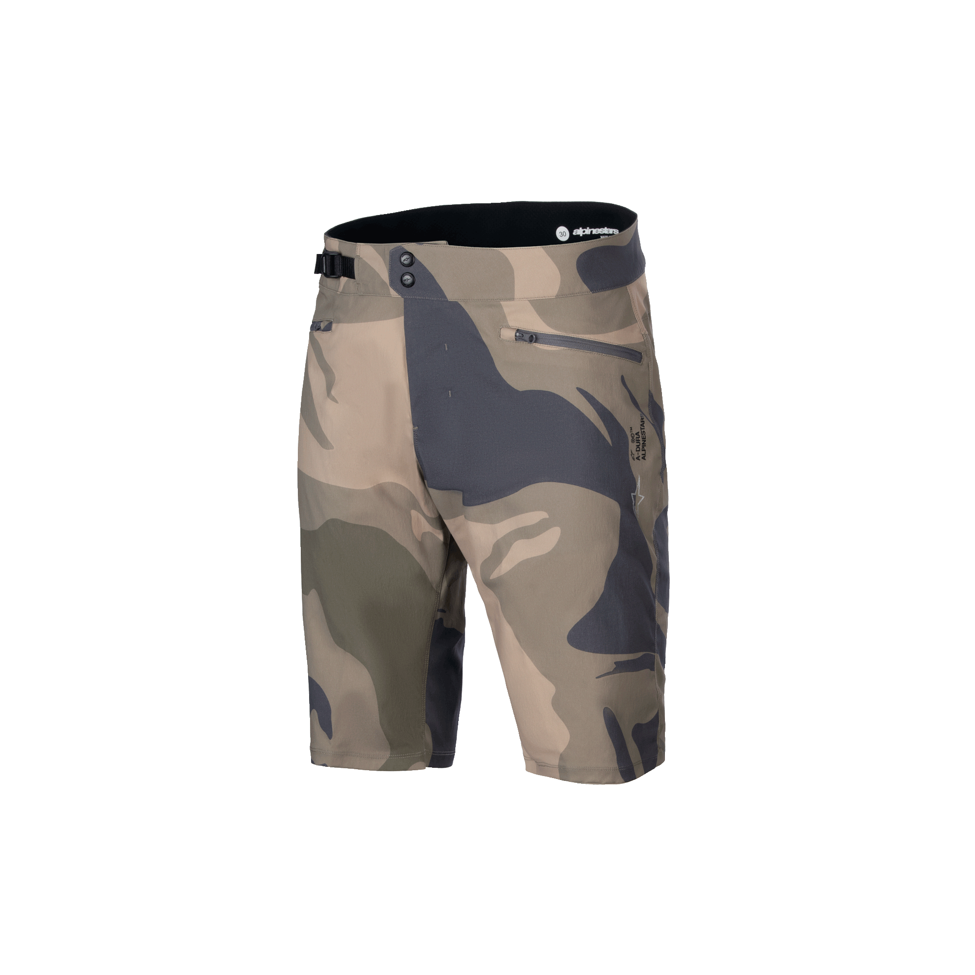 Alpinestars A-Dura Camo Liner Shorts, Men's MTB Cycling Shorts, Camo and Brown, durable 2-way stretch fabric with zippered mesh-lined pockets and adjustable side waist cinch