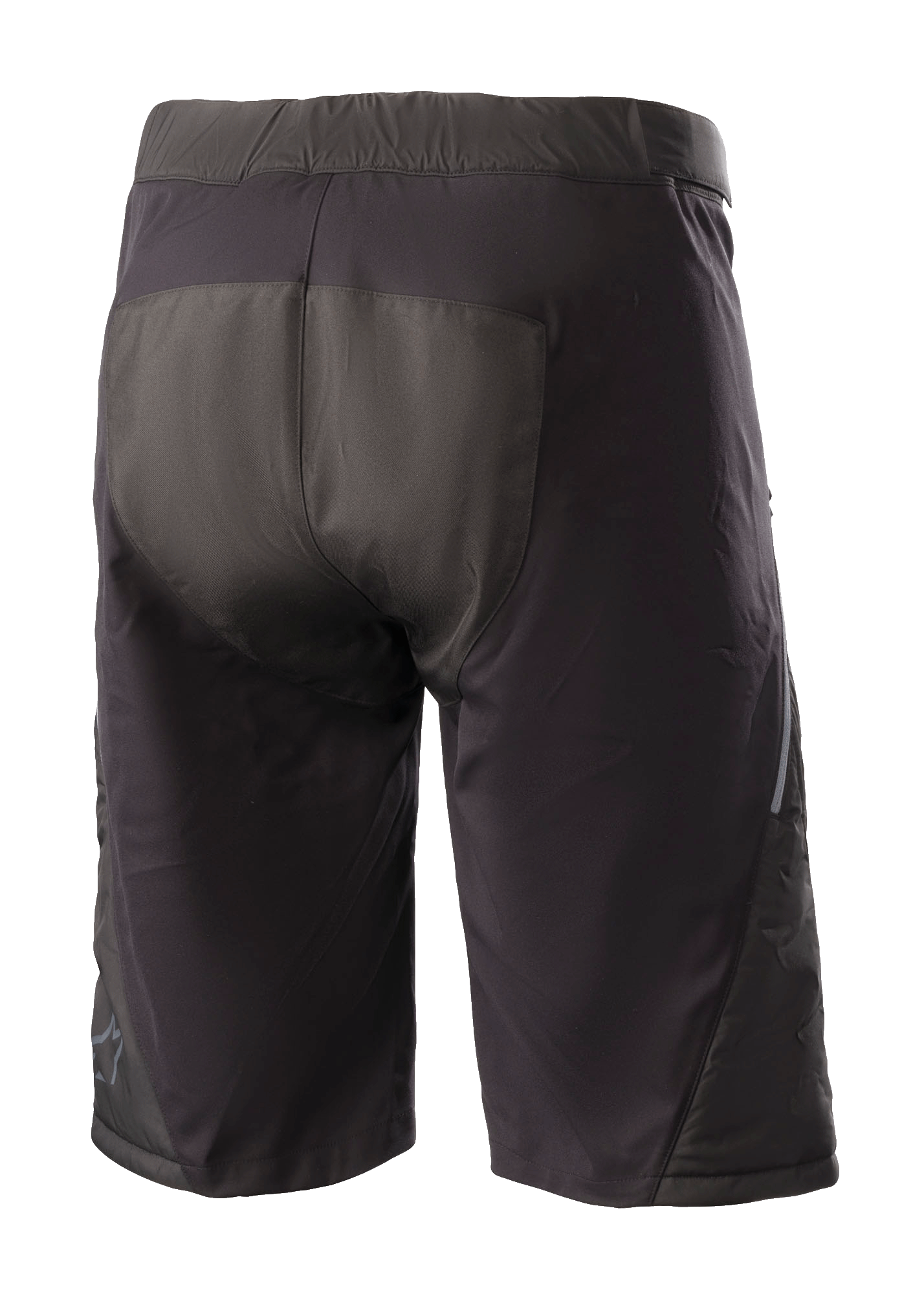 Alpinestars Denali 2 Shorts, Mountainbike-Shorts, Schwarz Grisaille, Rückansicht mit verstärktem Gesäßbereich und wasserabweisender Textilkonstruktion für Offroad-Fahrten