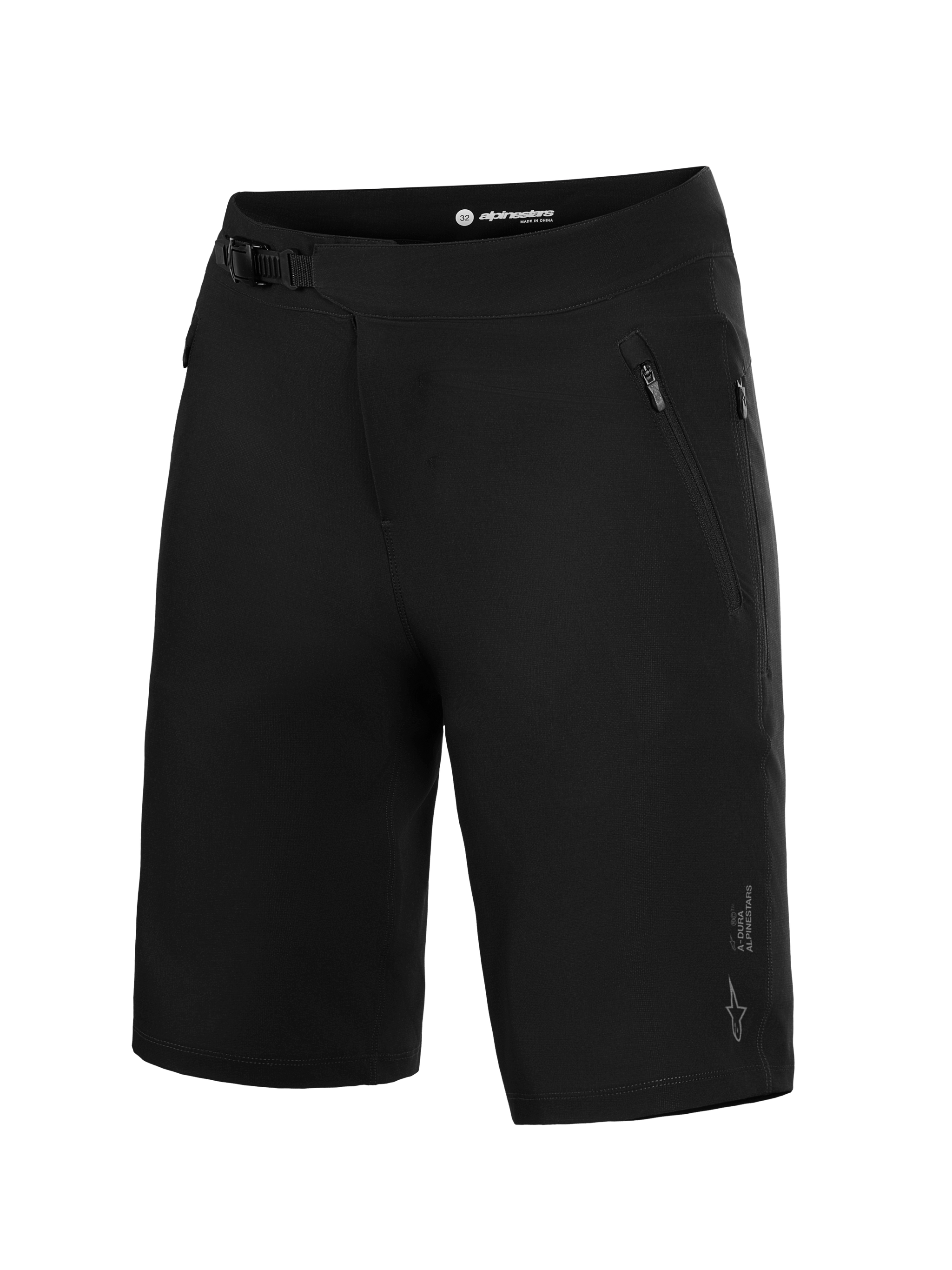 Black Alpinestars A-Dura Ride Shorts for MTB, featuring a ratchet closure and durable 4-way stretch woven fabric.