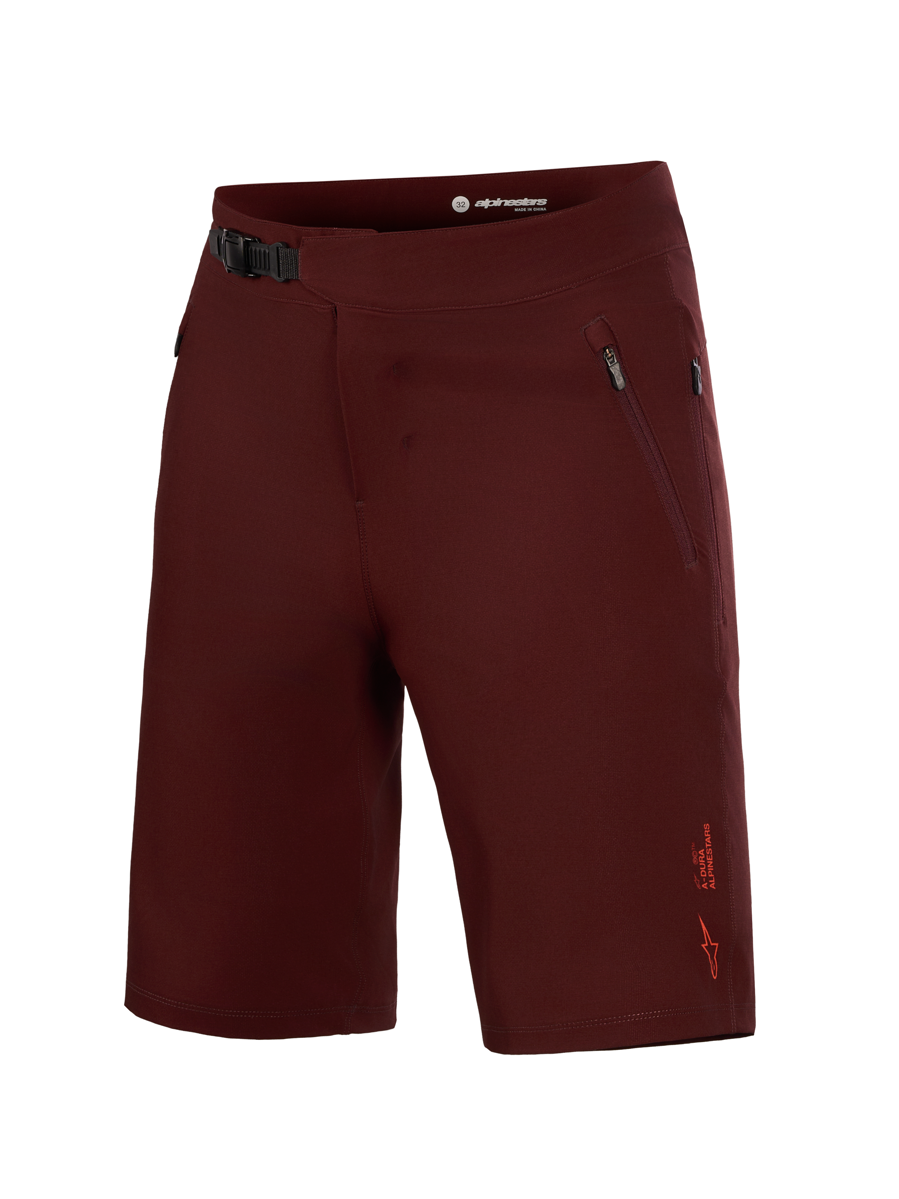 Bordeaux A-Dura Ride Liner Shorts, 4-way stretch MTB gear featuring a front ratchet closure and zippered side pockets.