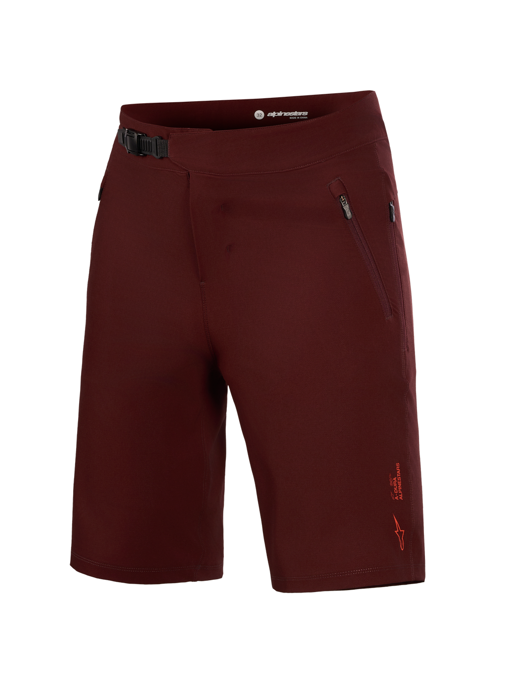Alpinestars A-Dura Ride Shorts, bordeauxrote MTB-Hose mit Ratschenverschluss und strapazierfähigem Stretch-Gewebe.