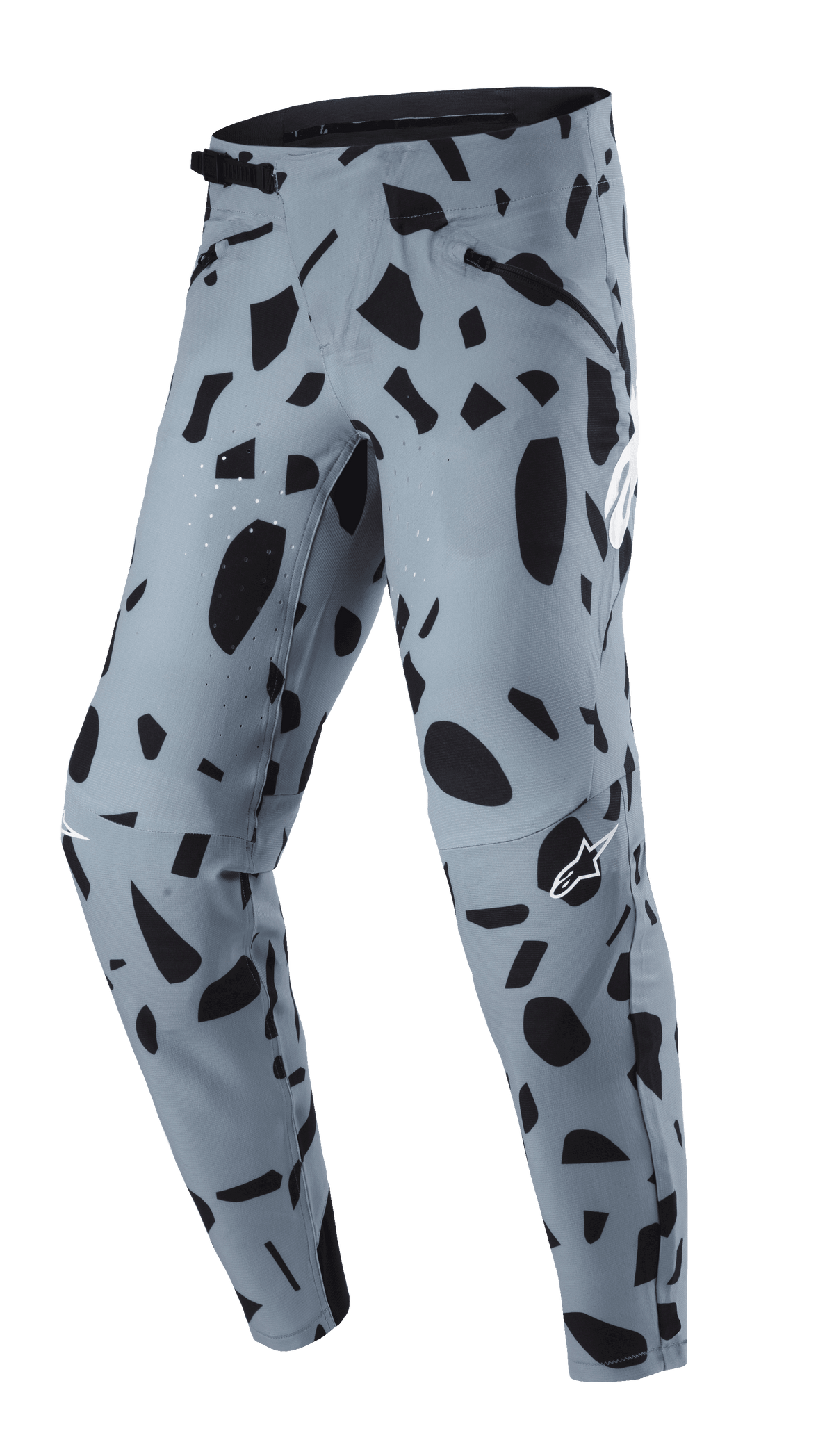 Alpinestars Techstar Envision Hose, MTB-Hose, Ash Blue mit schwarzem abstraktem Muster, Ratschenverschluss am Bund und Reißverschlusstaschen, laserperforierte Belüftung für Atmungsaktivität, konzipiert für Mountainbike-Fahrten