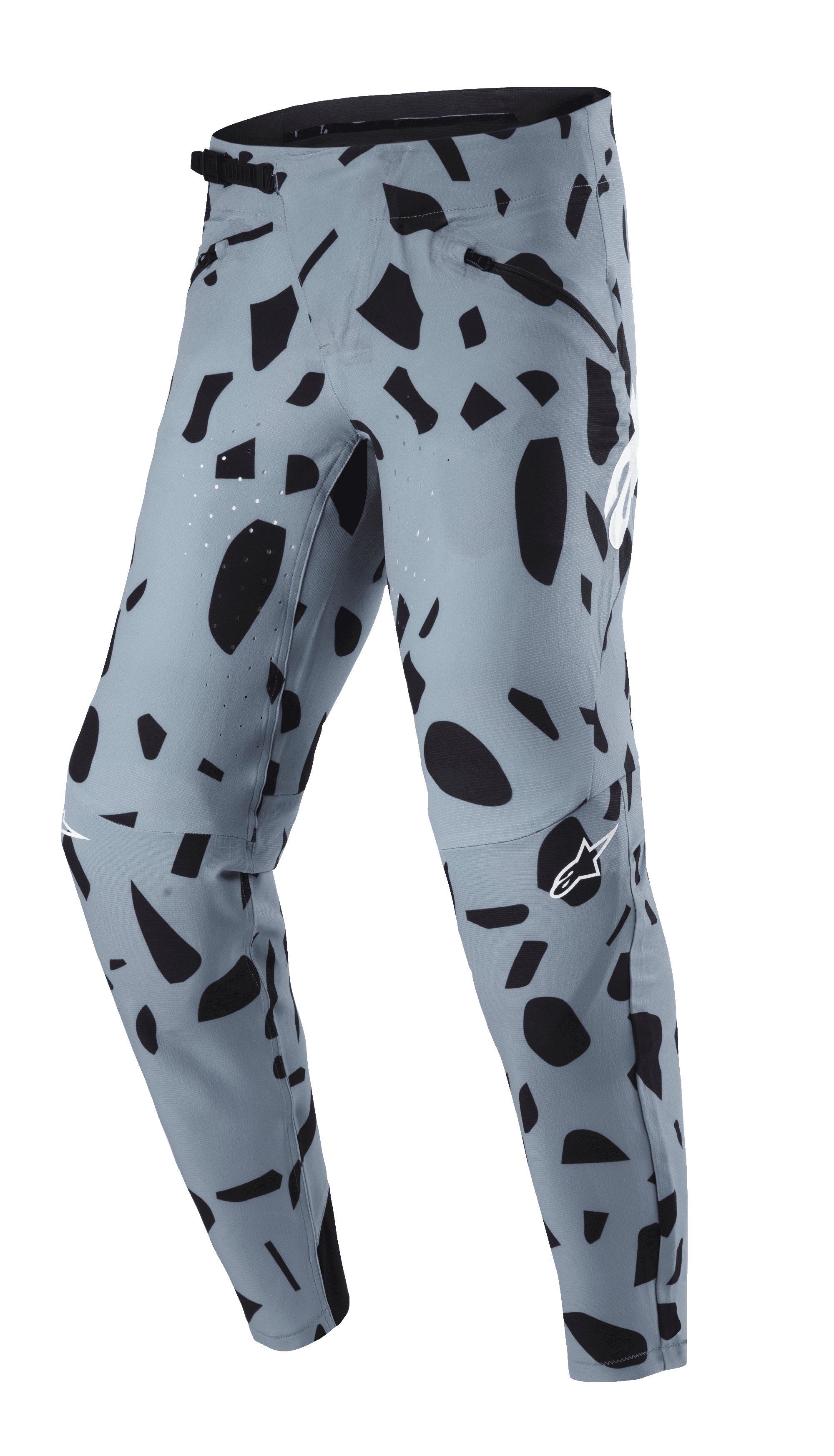 Alpinestars Techstar Envision Hose, MTB-Hose, Ash Blue mit schwarzem abstraktem Muster, Ratschenverschluss am Bund und Reißverschlusstaschen, laserperforierte Belüftung für Atmungsaktivität, konzipiert für Mountainbike-Fahrten