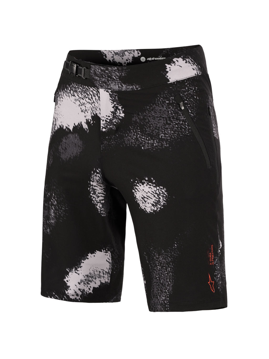 Alpinestars A-Dura Ride Shorts in Black Camo, strapazierfähige MTB-Shorts mit 4-Wege-Stretch und Ratschenverschluss.