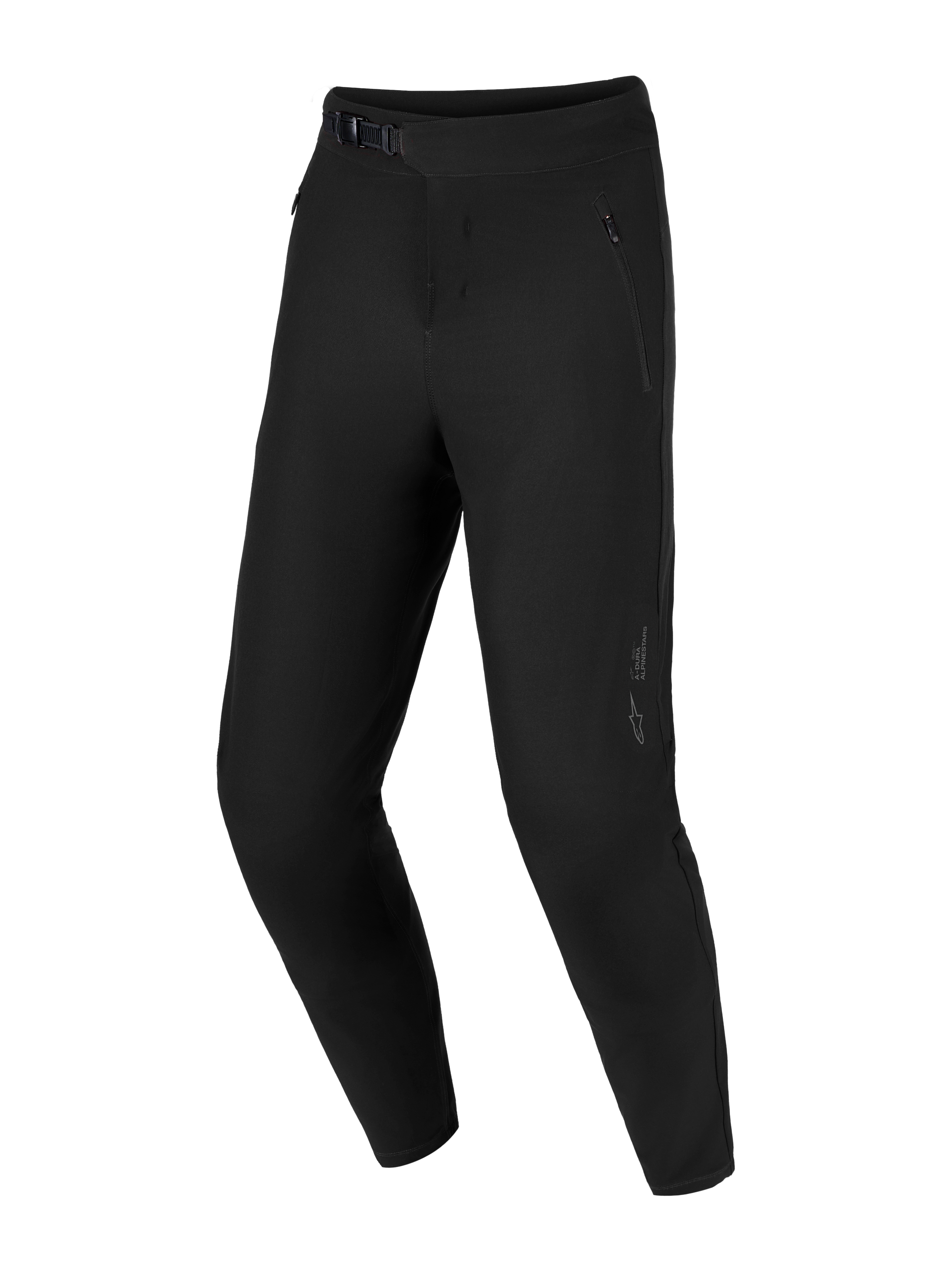 Alpinestars black A-Dura Ride Pants, durable MTB trousers with 4-way stretch fabric and a secure ratchet closure system.