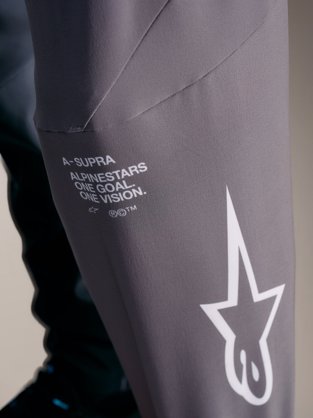 A-Supra Elite Hose in Faded Gray mit weißem Alpinestars-Branding und dem Rennmotto „One Goal. One Vision.“