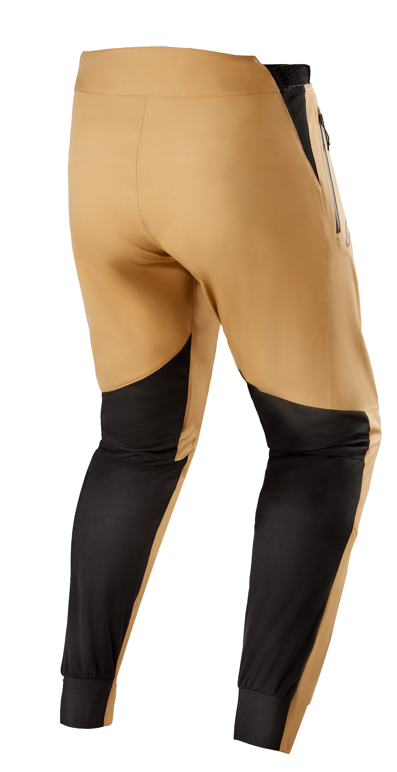 Alpinestars Tahoe 8.1 Wasserdichte Hose, wasserdichte MTB-Hose, Khaki und Schwarz, Rückansicht mit schwarzen verstärkten Einsätzen an den Waden, verstellbaren Taillenriegeln und wasserdichten Reißverschlüssen für Trail-Fahrten bei nassem Wetter