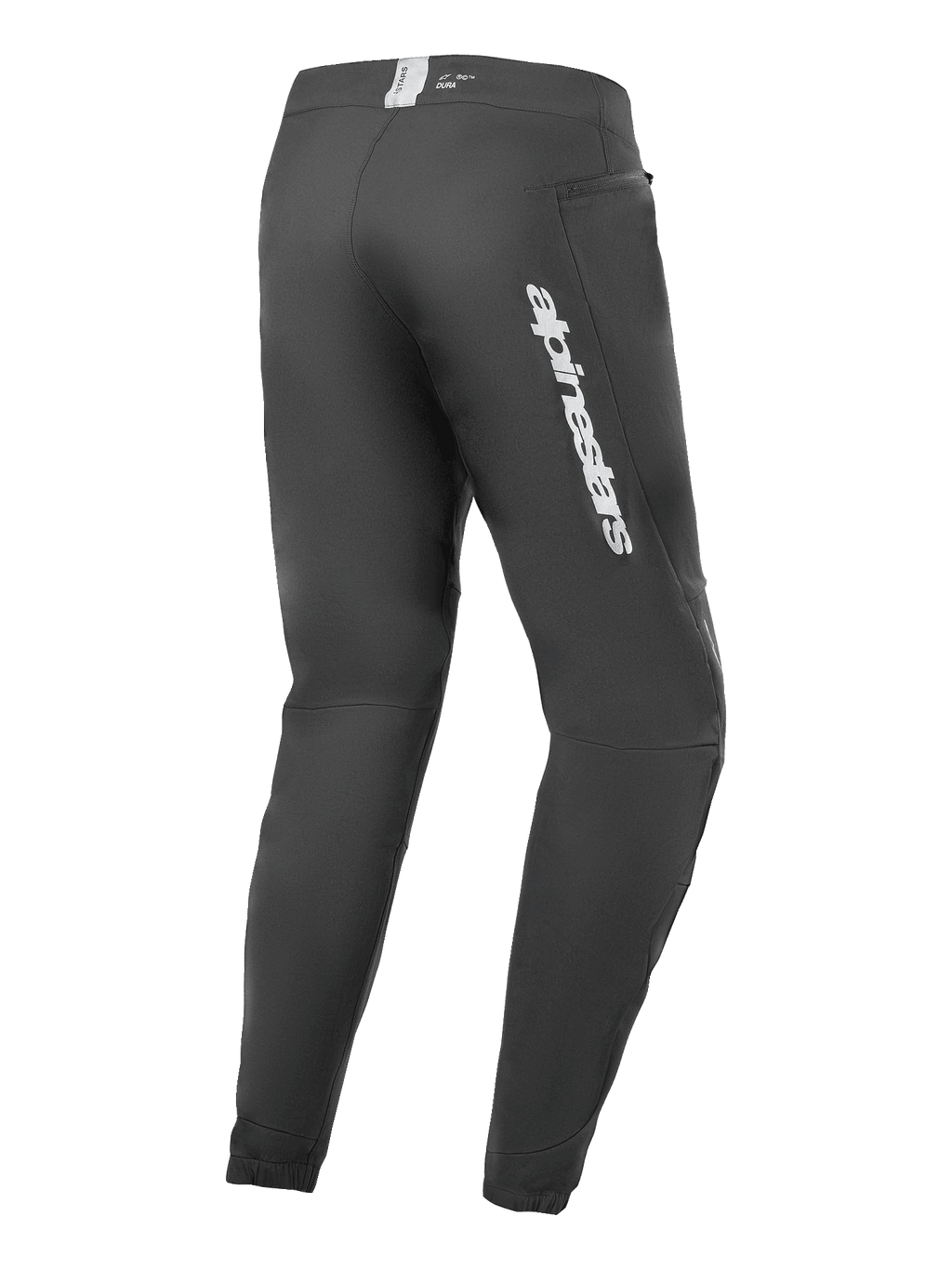 Alpinestars A-Dura Elite Hose, Mountainbike-Hose, Schwarz, seitliche Rückansicht mit silbernem Alpinestars-Branding am Oberschenkel, Reißverschlusstasche und elastischen Bündchen, strapazierfähige technische Ausrüstung für MTB