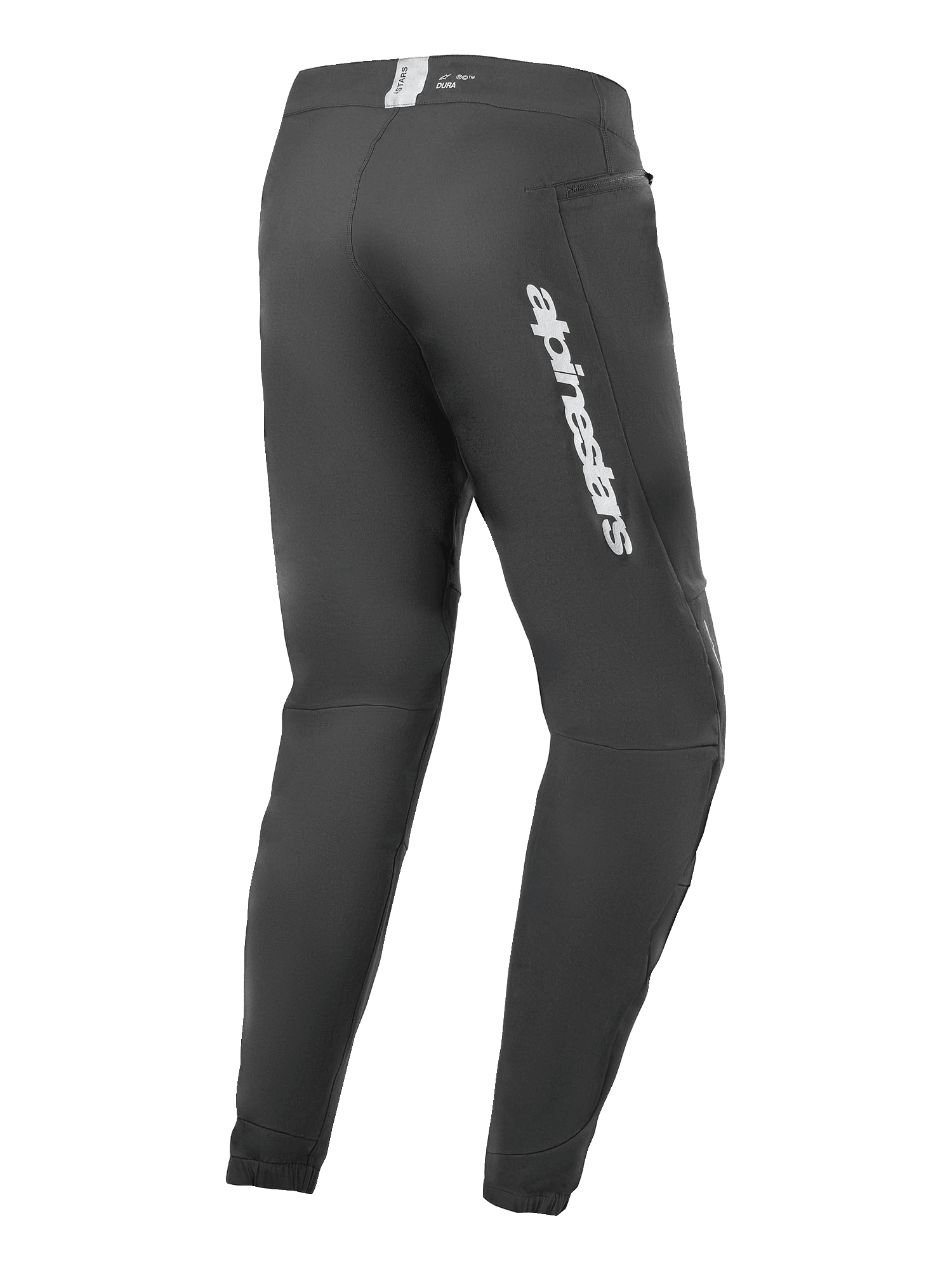 Alpinestars A-Dura Elite Hose, Mountainbike-Hose, Schwarz, seitliche Rückansicht mit silbernem Alpinestars-Branding am Oberschenkel, Reißverschlusstasche und elastischen Bündchen, strapazierfähige technische Ausrüstung für MTB