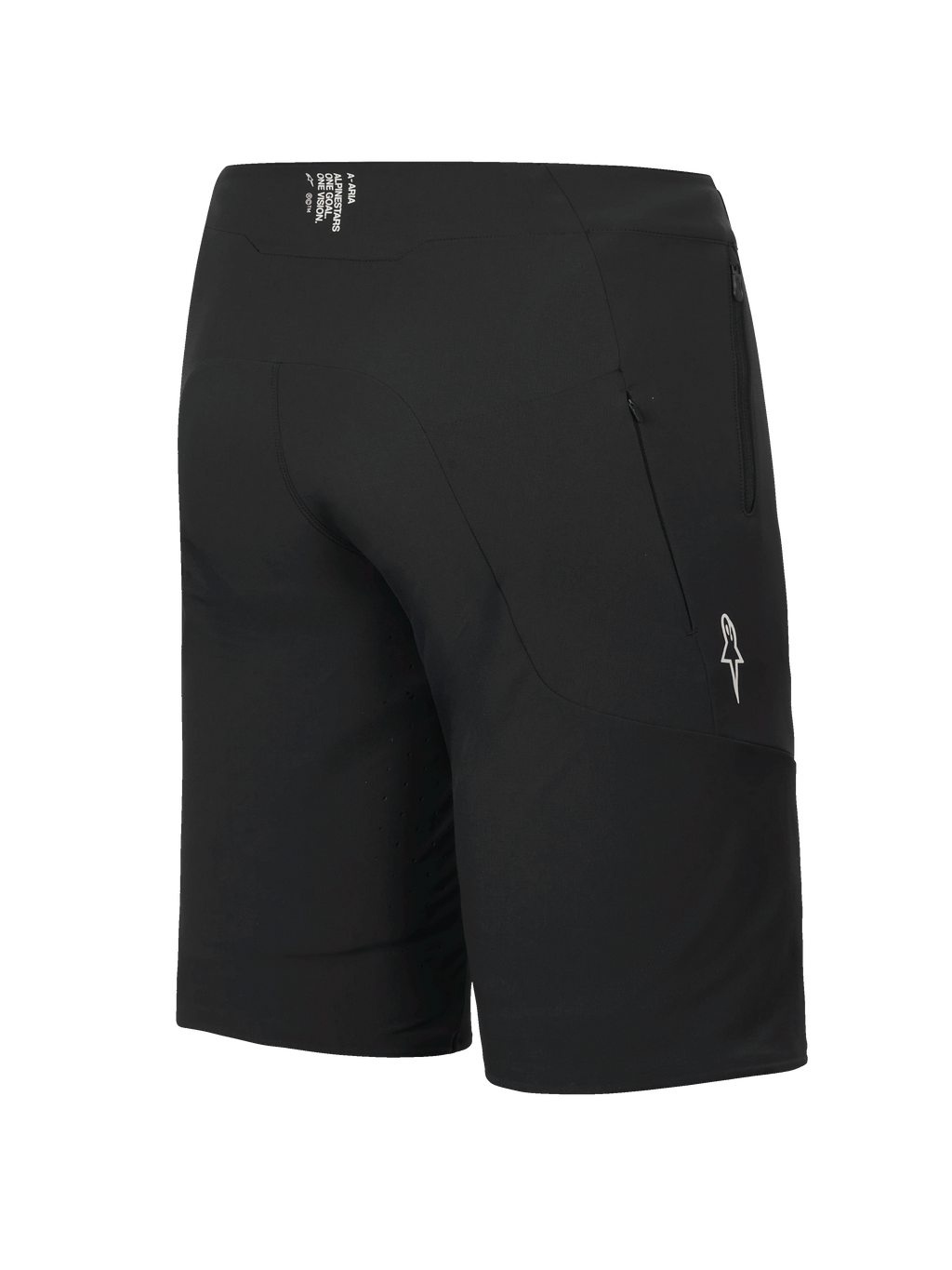 Alpinestars A-Aria Elite Shorts, MTB-Shorts, Black Titanium, Rückansicht von der Seite mit Reißverschlusstasche und weißem Stern-Logo, Performance-Passform für Radsport