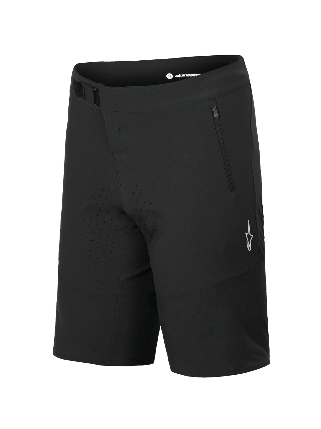 Alpinestars A-Aria Elite Shorts, Mountainbike-Shorts, Black Titanium, mit Magnetverschluss und Reißverschlusstasche, lasergeschnittenen Belüftungslöchern, weißem A-Star-Logo auf dem Bein, technische Bekleidung für Trail-Fahrten