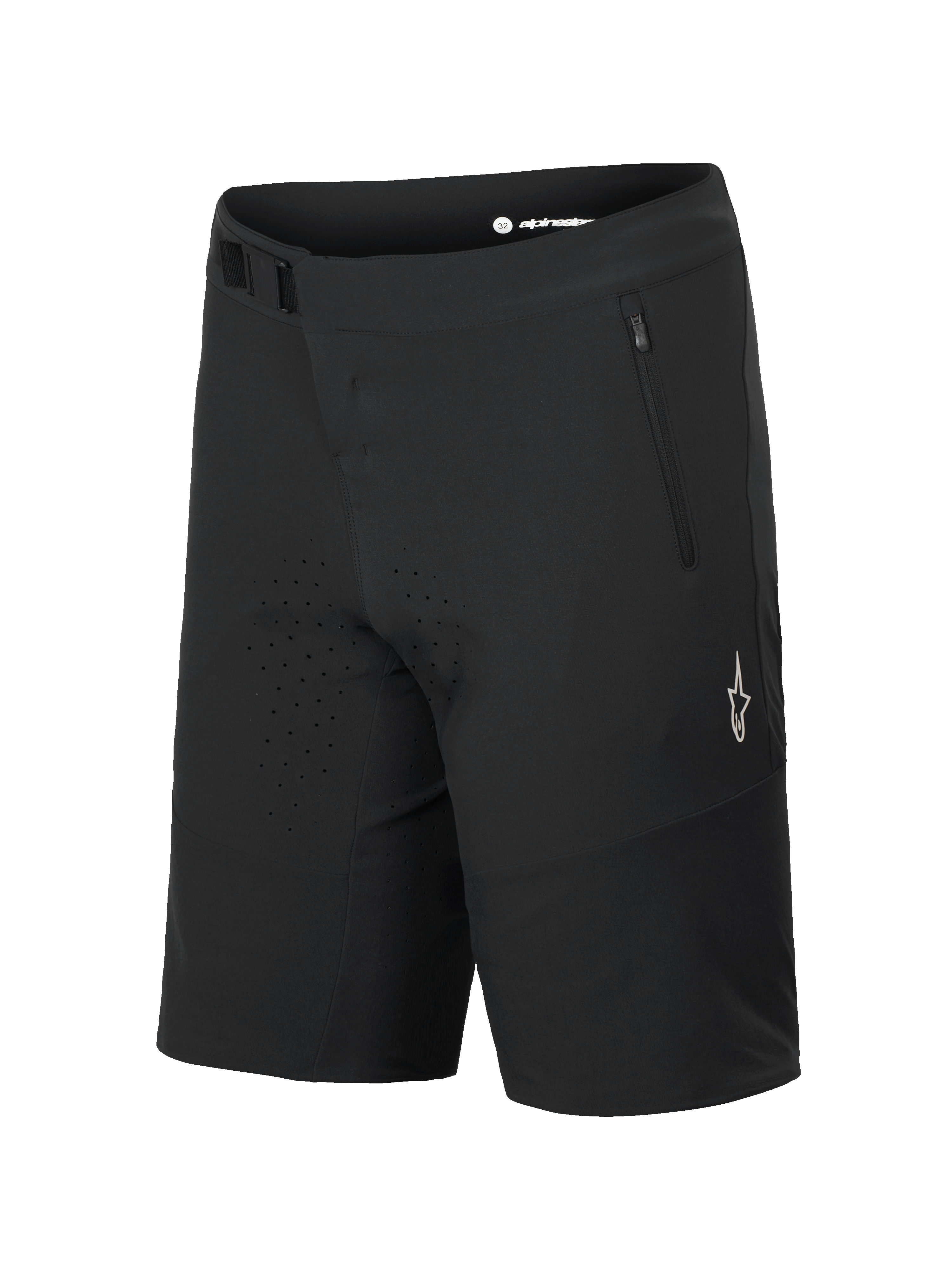 Alpinestars A-Aria Elite Shorts, Mountainbike-Shorts, Black Titanium, mit Magnetverschluss und Reißverschlusstasche, lasergeschnittenen Belüftungslöchern, weißem A-Star-Logo auf dem Bein, technische Bekleidung für Trail-Fahrten