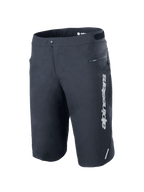 Alpinestars A-Dura Elite Shorts, Mountain Bike Shorts, Black, featuring a vertical white Alpinestars logo on the left leg, zippered side pocket, snap front closure with hook-and-loop waist adjusters, reflective accent, durable 4-way stretch Cordura fabric for off-road cycling
