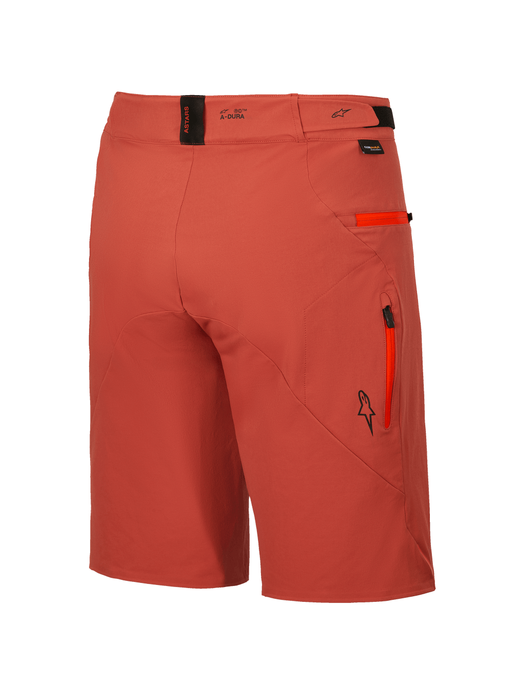 Alpinestars A-Dura Elite Shorts, Men's MTB Cycling Shorts in Dark Orange, featuring durable 4-way stretch Cordura fabric, secure zippered pockets, and adjustable waist