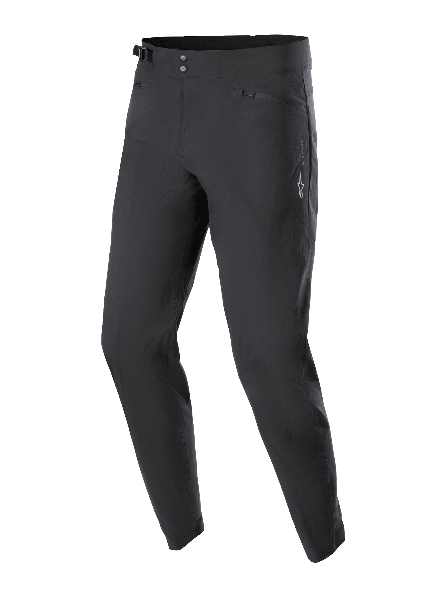 Alpinestars A-Dura Hose, Mountainbike-Hose, Schwarz, mit doppeltem Druckknopfverschluss, seitlichen Verstellern, Reißverschlusstaschen mit Mesh-Futter und einem weißen Astars-Logo am Oberschenkel, langlebiges Design für den Offroad-Einsatz.