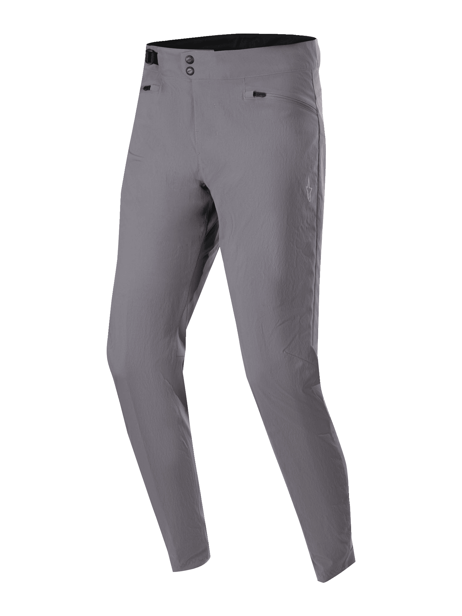 Alpinestars A-Dura Pants, MTB Cycling Pants, Dark Gray, featuring double snap closure, side waist adjusters, and zippered hip pockets, durable 2-way stretch textile for mountain biking