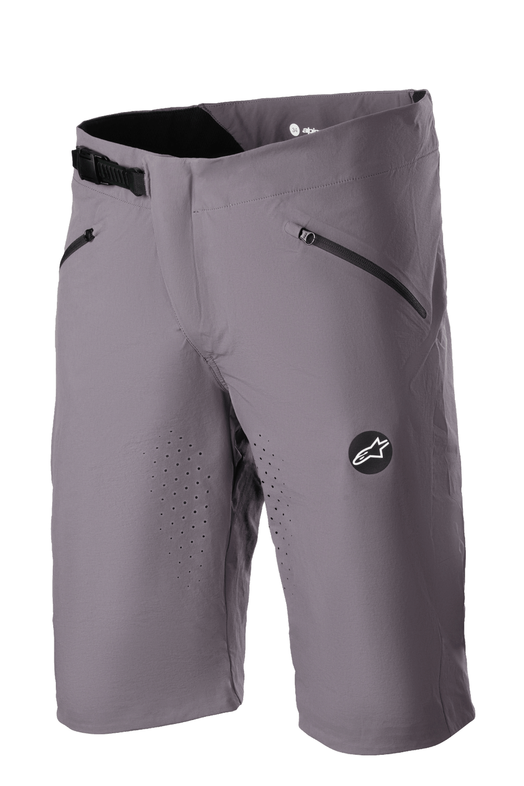 Alpinestars Drop Algorithm Shorts, MTB-Mountainbike-Shorts, Sparrow-Grau, laserperforierte Belüftung an den Oberschenkeln, zwei schwarze Reißverschlusstaschen, verstellbarer Ratschenverschluss am Bund, Alpinestars Stern-Logo-Patch, leichtes technisches Stretchgewebe