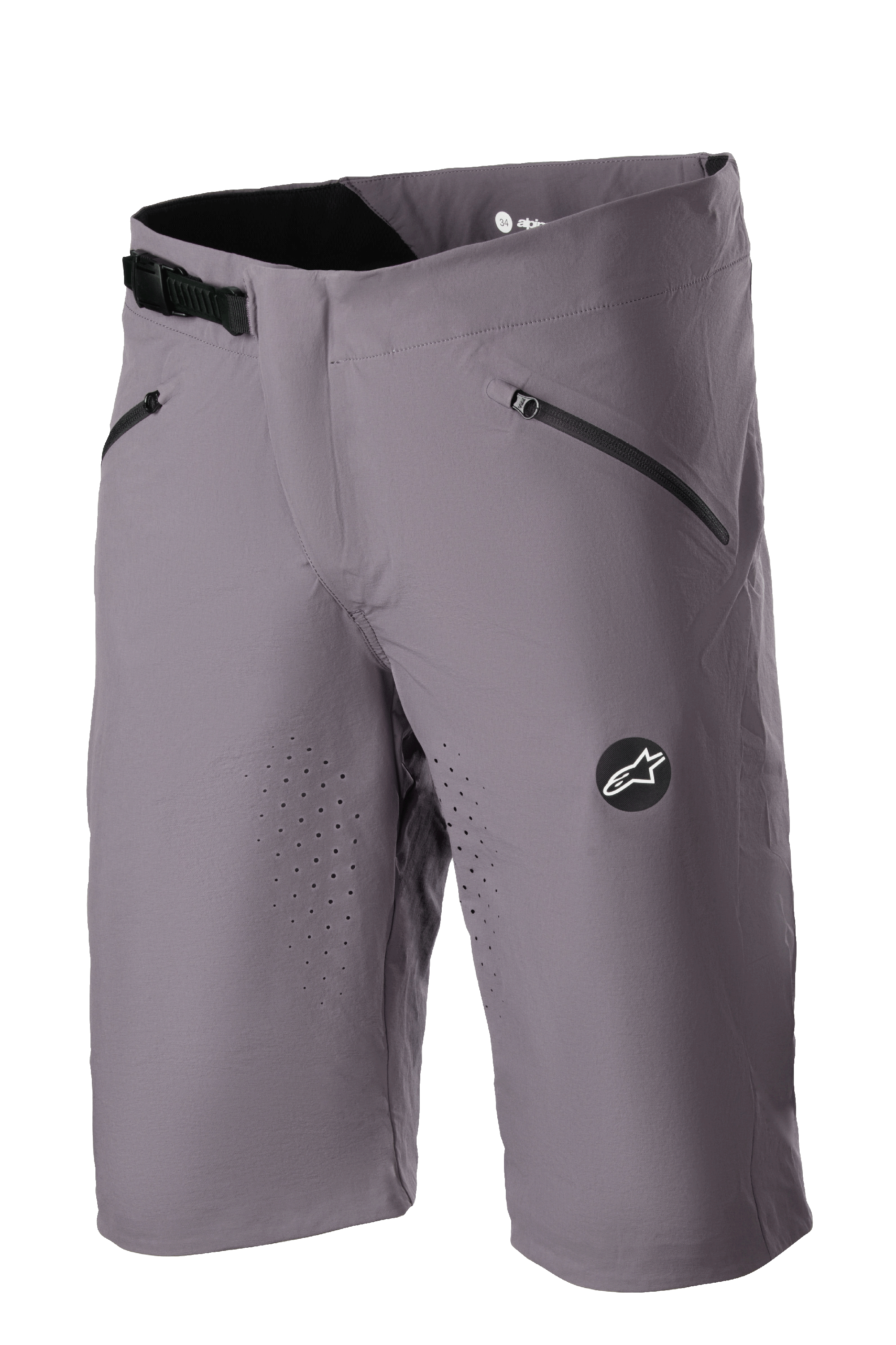 Alpinestars Drop Algorithm Shorts, MTB-Mountainbike-Shorts, Sparrow-Grau, laserperforierte Belüftung an den Oberschenkeln, zwei schwarze Reißverschlusstaschen, verstellbarer Ratschenverschluss am Bund, Alpinestars Stern-Logo-Patch, leichtes technisches Stretchgewebe