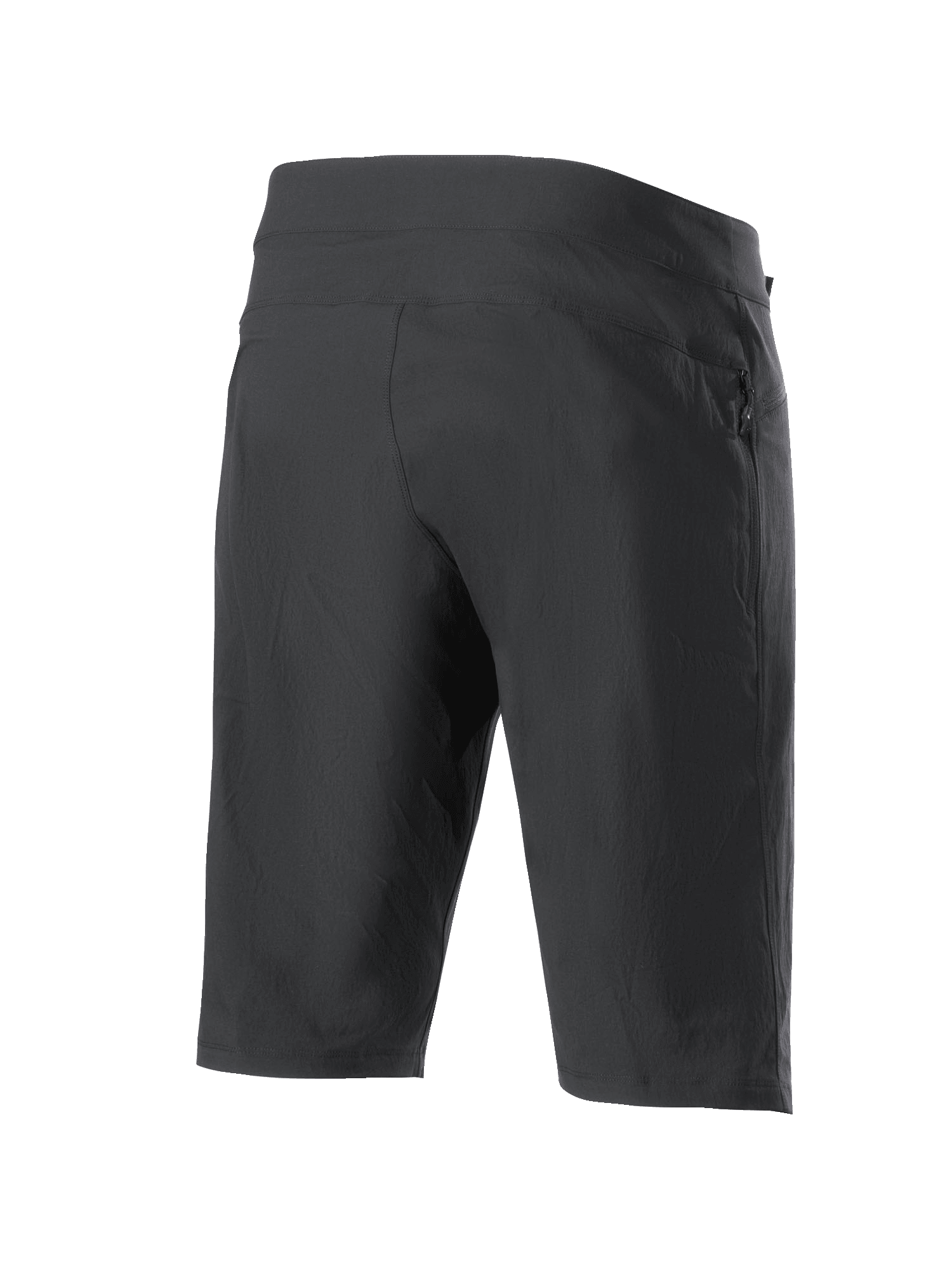 Alpinestars A-Dura Shorts, Mountainbike-Shorts, Schwarz, Rückansicht mit Reißverschlusstasche und strukturiertem Stretchgewebe, konzipiert für MTB und Offroad-Radsport.
