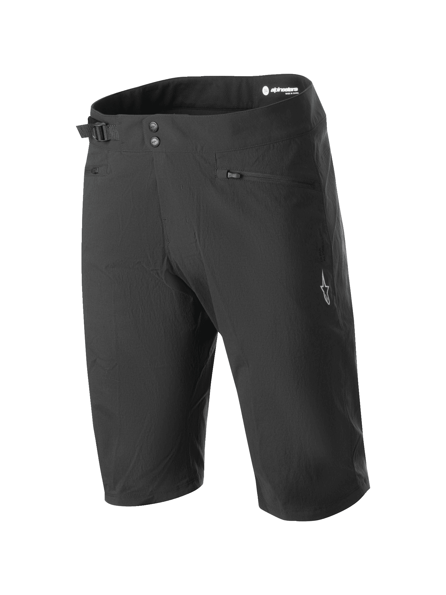 Alpinestars A-Dura Shorts, Mountainbike-Shorts, Schwarz, mit doppeltem Druckknopfverschluss, seitlichem Taillenversteller, Reißverschlusstaschen und weißem Logo am Bein, strapazierfähiger 2-Wege-Stretchstoff für den Gelände-Radsport