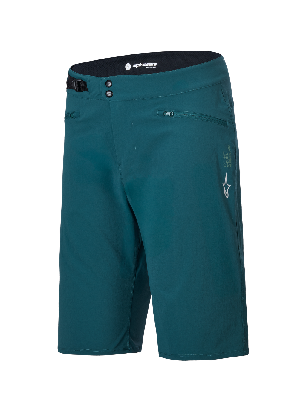 Alpinestars A-Dura Shorts, Mountain Bike Shorts, Dark Pine Green, featuring zippered pockets, double snap front closure, adjustable side waist cinch, and white Alpinestars logo on the left leg, durable design for MTB cycling